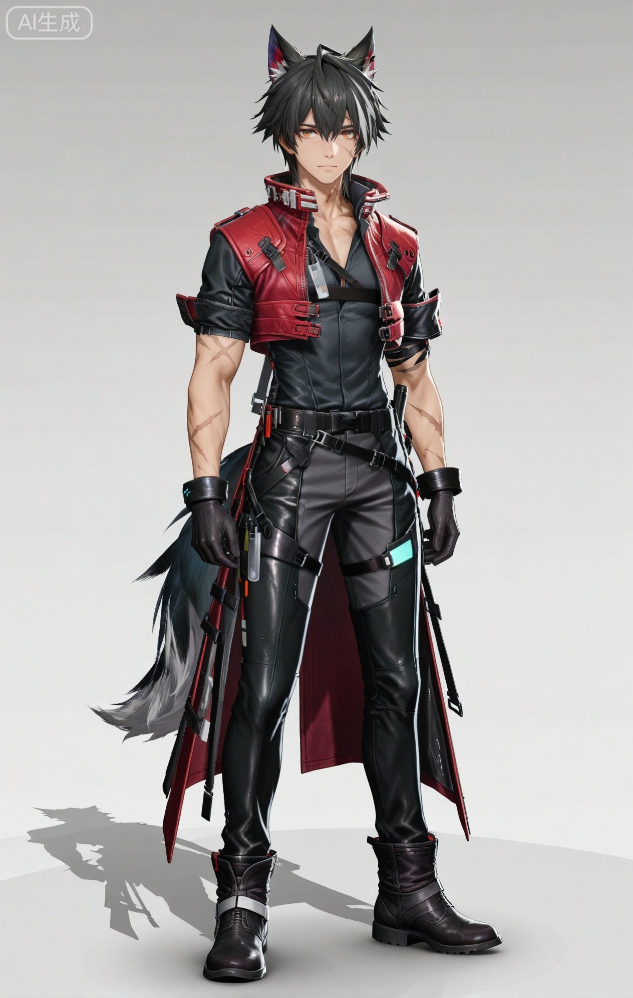 Wulfgard (Arknights: Endfield),brown eyes,black hair,streaked hair,short hair,hair over eyes,wolf ears,Wolf ears,wolf tail,tail,scar on face,scar on arm,black shirt,black gloves,black pants,gloves,short sleeves,coat,jacket,black footwear,boots,pants,red jacket,red coat,belt,cropped jacket,jewelry,scar,