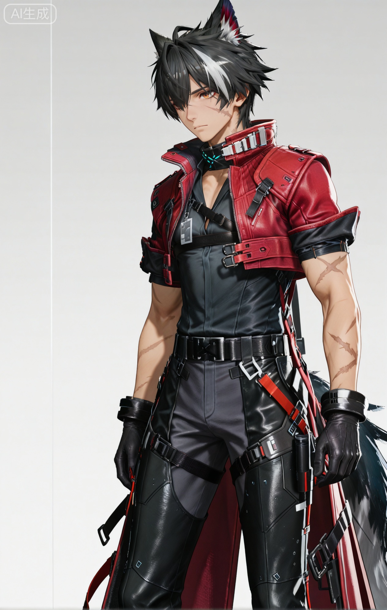 Wulfgard (Arknights: Endfield),brown eyes,black hair,streaked hair,short hair,hair over eyes,wolf ears,Wolf ears,wolf tail,tail,scar on face,scar on arm,black shirt,black gloves,black pants,gloves,short sleeves,coat,jacket,black footwear,boots,pants,red jacket,red coat,belt,cropped jacket,jewelry,scar,