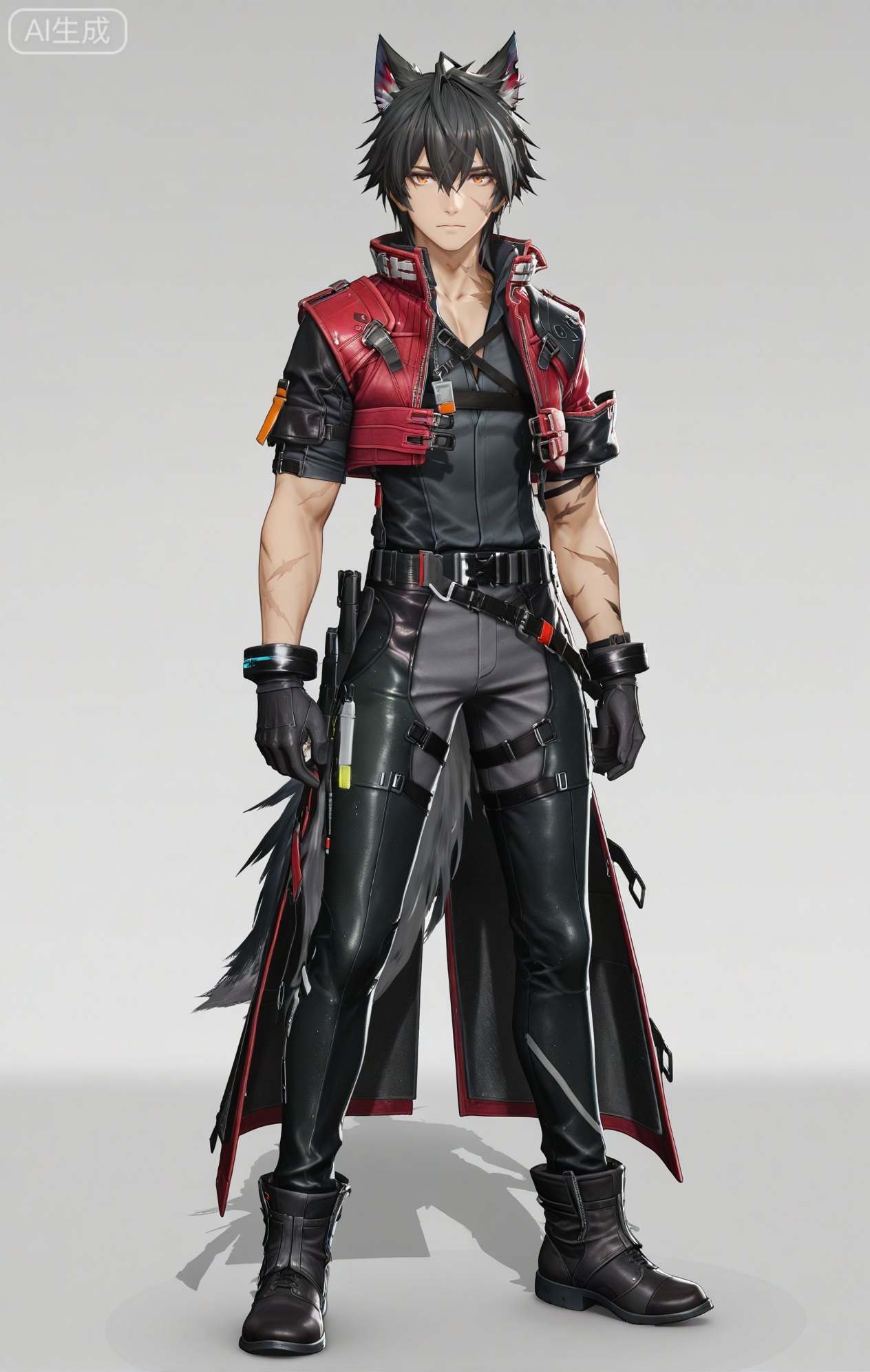 Wulfgard (Arknights: Endfield),brown eyes,black hair,streaked hair,short hair,hair over eyes,wolf ears,Wolf ears,wolf tail,tail,scar on face,scar on arm,black shirt,black gloves,black pants,gloves,short sleeves,coat,jacket,black footwear,boots,pants,red jacket,red coat,belt,cropped jacket,jewelry,scar,