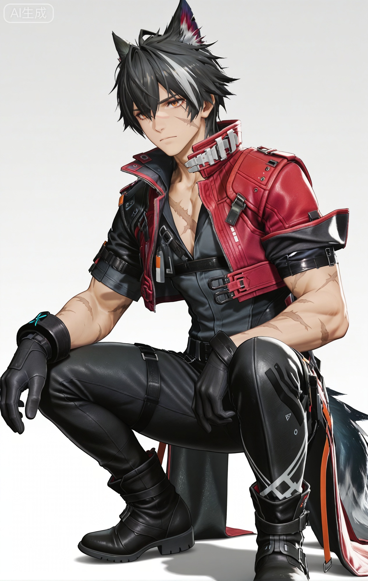 Wulfgard (Arknights: Endfield),brown eyes,black hair,streaked hair,short hair,hair over eyes,wolf ears,Wolf ears,wolf tail,tail,scar on face,scar on arm,black shirt,black gloves,black pants,gloves,short sleeves,coat,jacket,black footwear,boots,pants,red jacket,red coat,belt,cropped jacket,jewelry,scar,squat down