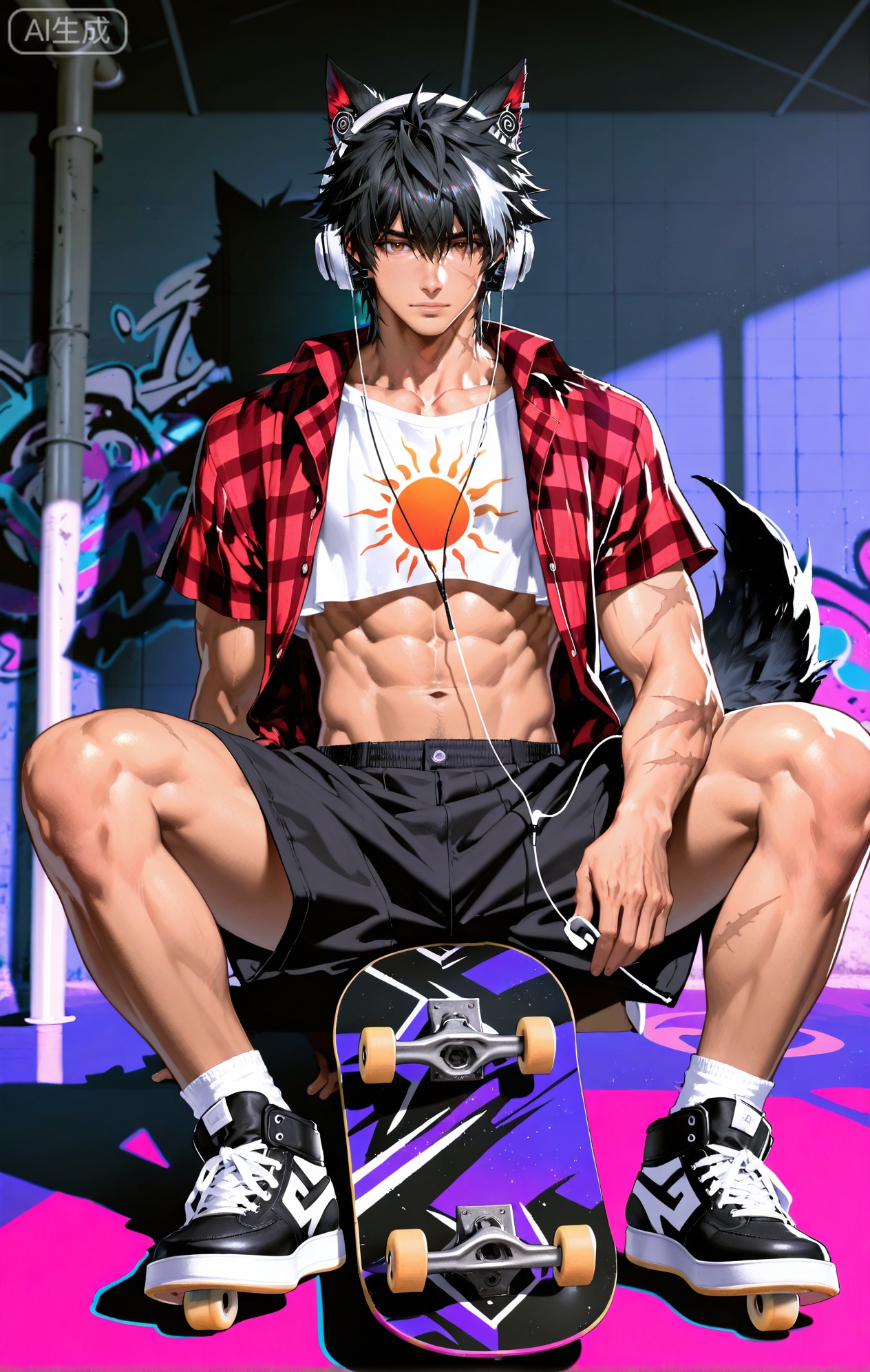 Wulfgard (Arknights: Endfield),brown eyes,black hair,streaked hair,short hair,hair over eyes,wolf ears,Wolf ears,wolf tail,tail,scar on face,scar on arm,
(artist:mazjojo:0.83),(artist:pigeon666:0.67),(artist:zawar379:0.77),(artist:remsrar:0.65),(artist:yoneyama mai:0.74),(artist:chimmyming:0.72),masterpiece,best quality,4k,hd,ultra-detailed,absurdres,perfect lighting,volumetric lighting,(bright, late afternoon sun),shadowing,(good shadowing),depth of field,layered depth of field,dynamic perspective,painterly,maximalism,colors contrast,
1boy, bara, solo, looking at viewer, navel, muscular, muscular male, abs, jewelry, realistic, thighs, (wearing a beanie, an open flannel shirt over a **** top, baggy shorts, skate shoes), (sitting on his skateboard on top of a half-pipe, listening to music on his headphones and nodding his head to the beat:1.7), (a cool, detached, and rhythmic expression:1.5),
surrounded by the concrete ramps of the skatepark, graffiti art, and the sound of wheels on concrete,
skatepark background, simple background, sticker, dynamic pose, dynamic angle,detailed background, full body view,
grid background,(gradient theme:1.4),(hiphop theme:1.4),(skater theme:1.4),(music party theme:1.2),(colored shadow:1.8),xiaozhitiao