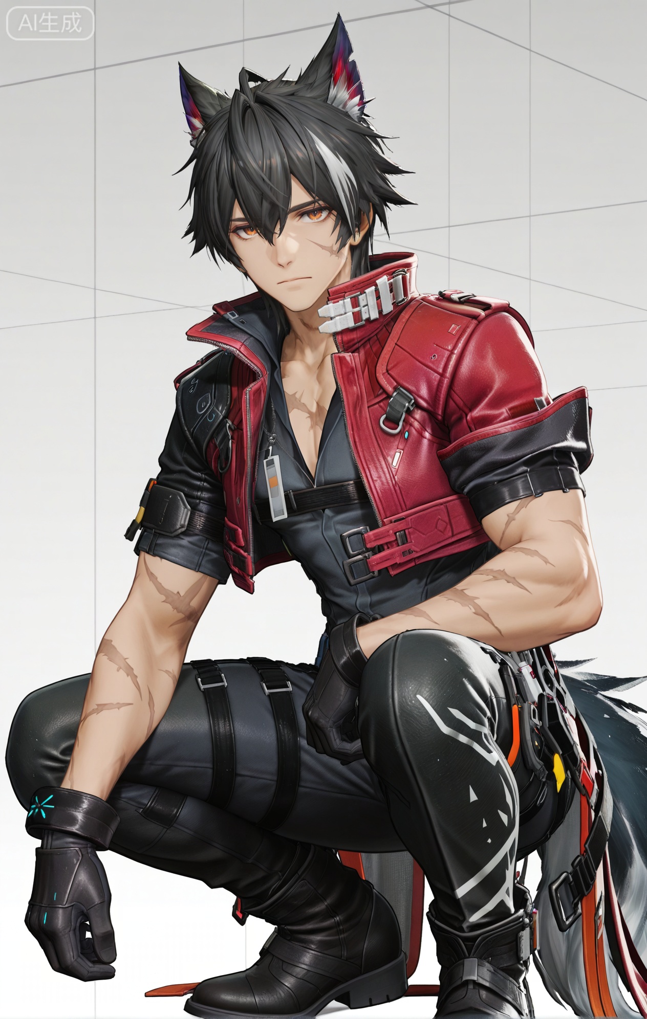 Wulfgard (Arknights: Endfield),brown eyes,black hair,streaked hair,short hair,hair over eyes,wolf ears,Wolf ears,wolf tail,tail,scar on face,scar on arm,black shirt,black gloves,black pants,gloves,short sleeves,coat,jacket,black footwear,boots,pants,red jacket,red coat,belt,cropped jacket,jewelry,scar,squat down