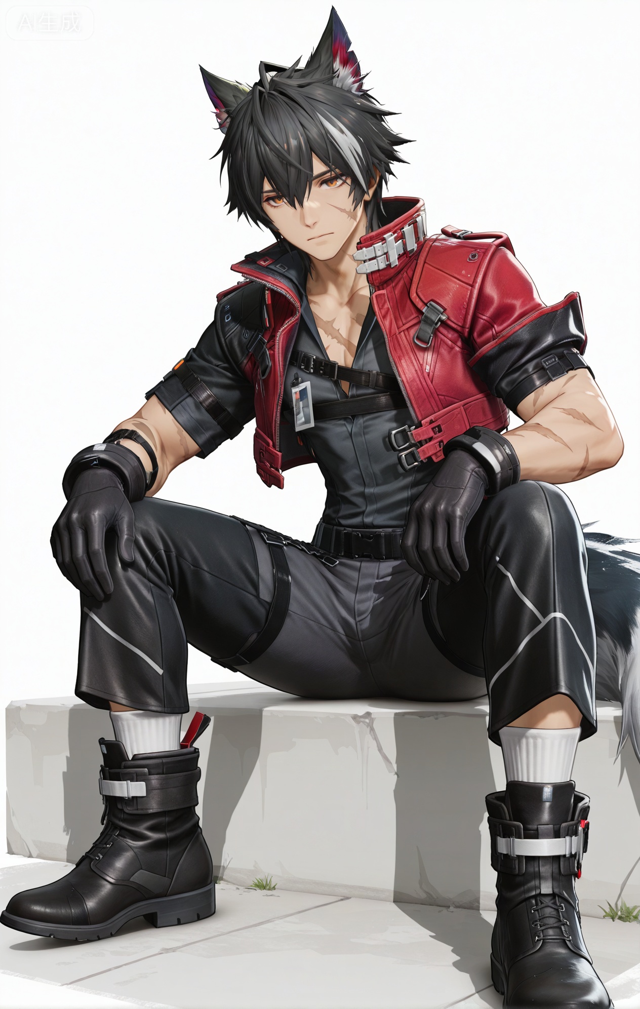 Wulfgard (Arknights: Endfield),brown eyes,black hair,streaked hair,short hair,hair over eyes,wolf ears,Wolf ears,wolf tail,tail,scar on face,scar on arm,black shirt,black gloves,black pants,gloves,short sleeves,coat,jacket,black footwear,boots,pants,red jacket,red coat,belt,cropped jacket,jewelry,scar,Sit down, ((white socks))
