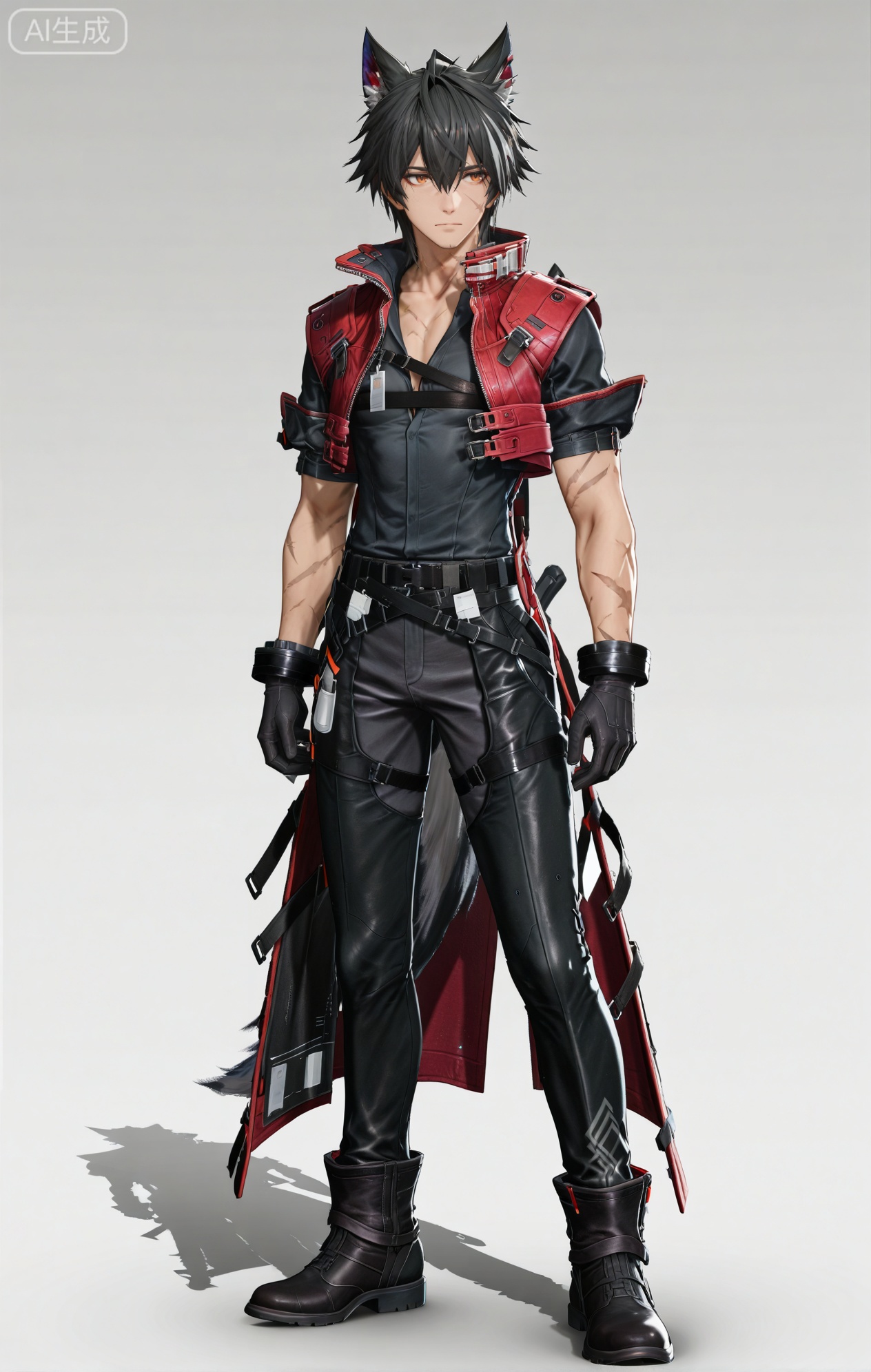 Wulfgard (Arknights: Endfield),brown eyes,black hair,streaked hair,short hair,hair over eyes,wolf ears,Wolf ears,wolf tail,tail,scar on face,scar on arm,black shirt,black gloves,black pants,gloves,short sleeves,coat,jacket,black footwear,boots,pants,red jacket,red coat,belt,cropped jacket,jewelry,scar,
