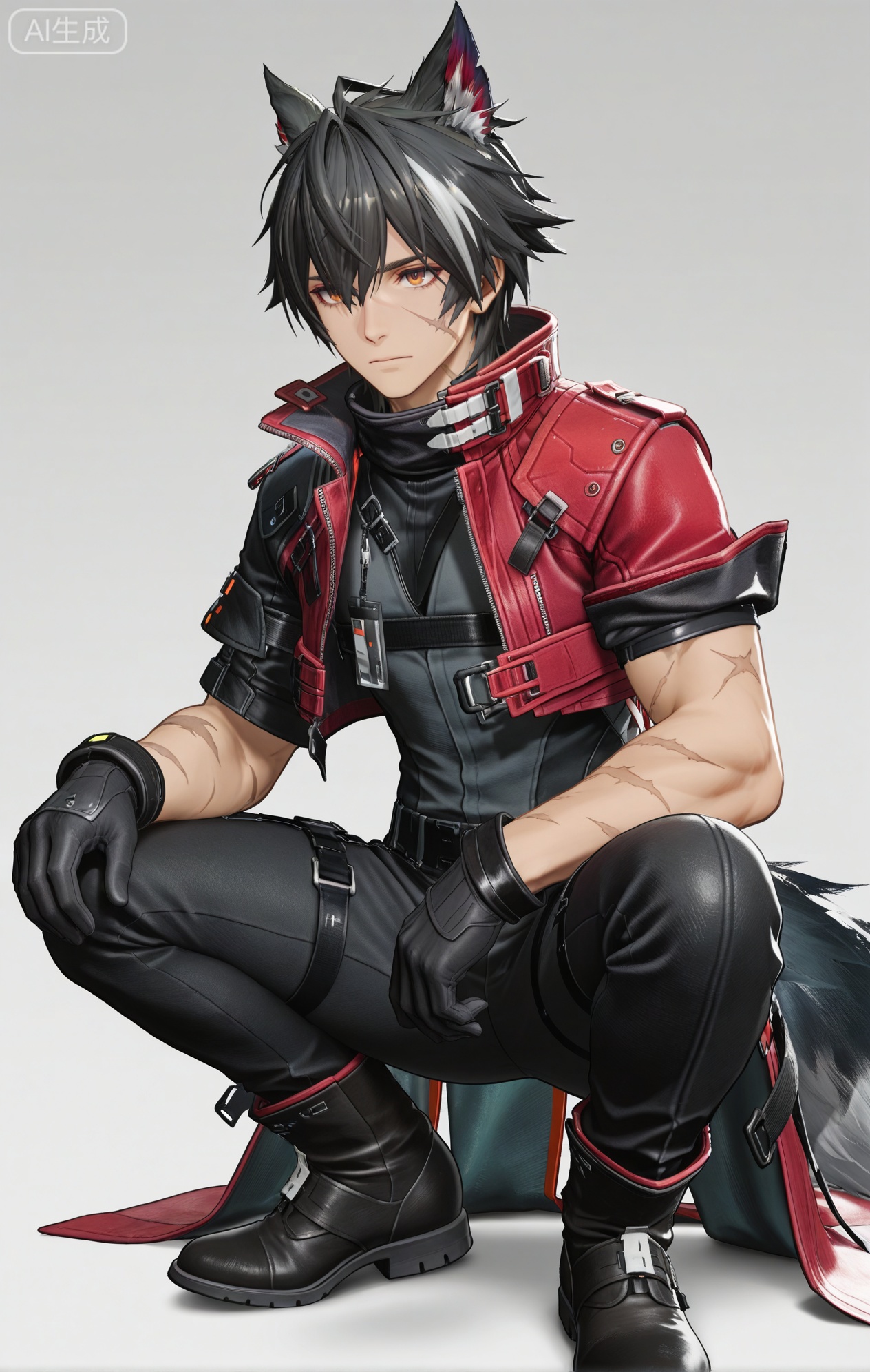 Wulfgard (Arknights: Endfield),brown eyes,black hair,streaked hair,short hair,hair over eyes,wolf ears,Wolf ears,wolf tail,tail,scar on face,scar on arm,black shirt,black gloves,black pants,gloves,short sleeves,coat,jacket,black footwear,boots,pants,red jacket,red coat,belt,cropped jacket,jewelry,scar,squat down