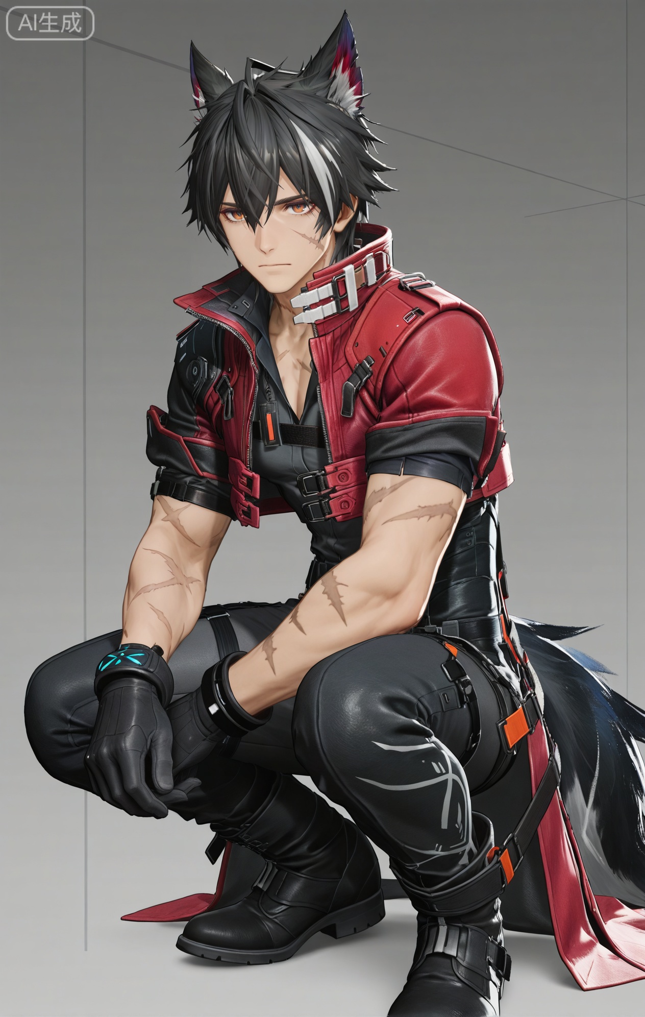 Wulfgard (Arknights: Endfield),brown eyes,black hair,streaked hair,short hair,hair over eyes,wolf ears,Wolf ears,wolf tail,tail,scar on face,scar on arm,black shirt,black gloves,black pants,gloves,short sleeves,coat,jacket,black footwear,boots,pants,red jacket,red coat,belt,cropped jacket,jewelry,scar,squat down