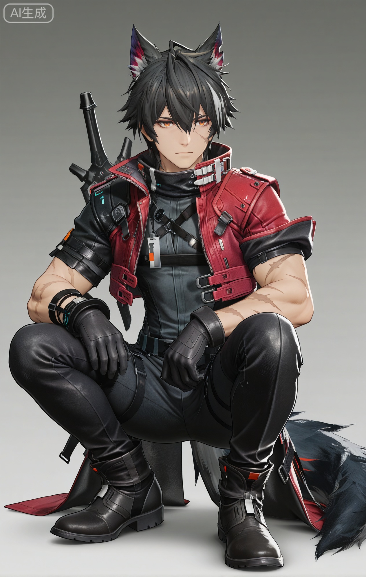 Wulfgard (Arknights: Endfield),brown eyes,black hair,streaked hair,short hair,hair over eyes,wolf ears,Wolf ears,wolf tail,tail,scar on face,scar on arm,black shirt,black gloves,black pants,gloves,short sleeves,coat,jacket,black footwear,boots,pants,red jacket,red coat,belt,cropped jacket,jewelry,scar,squat down
