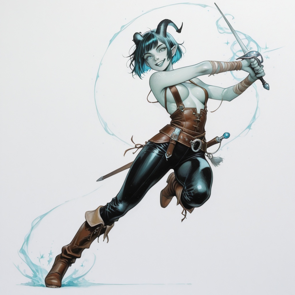 In a semi-realistic style reminiscent of a high-quality cartoon,  we see a captivating tiefling woman with a shy demeanor,...
