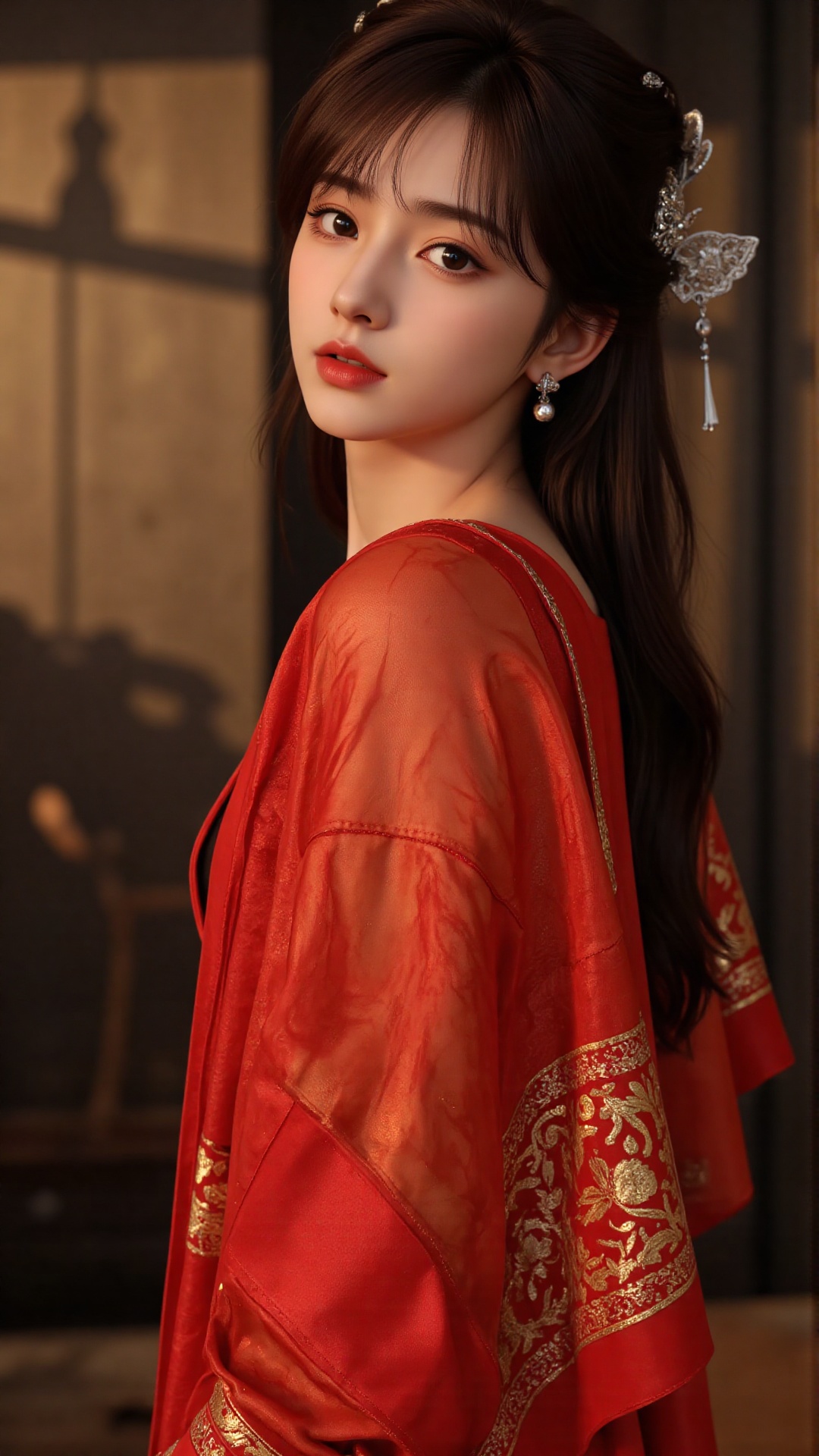 A stunning 18-year-old Chinese woman wraps herself in a vibrant red scarf,  posing seductively against a sleek,  modern ba...