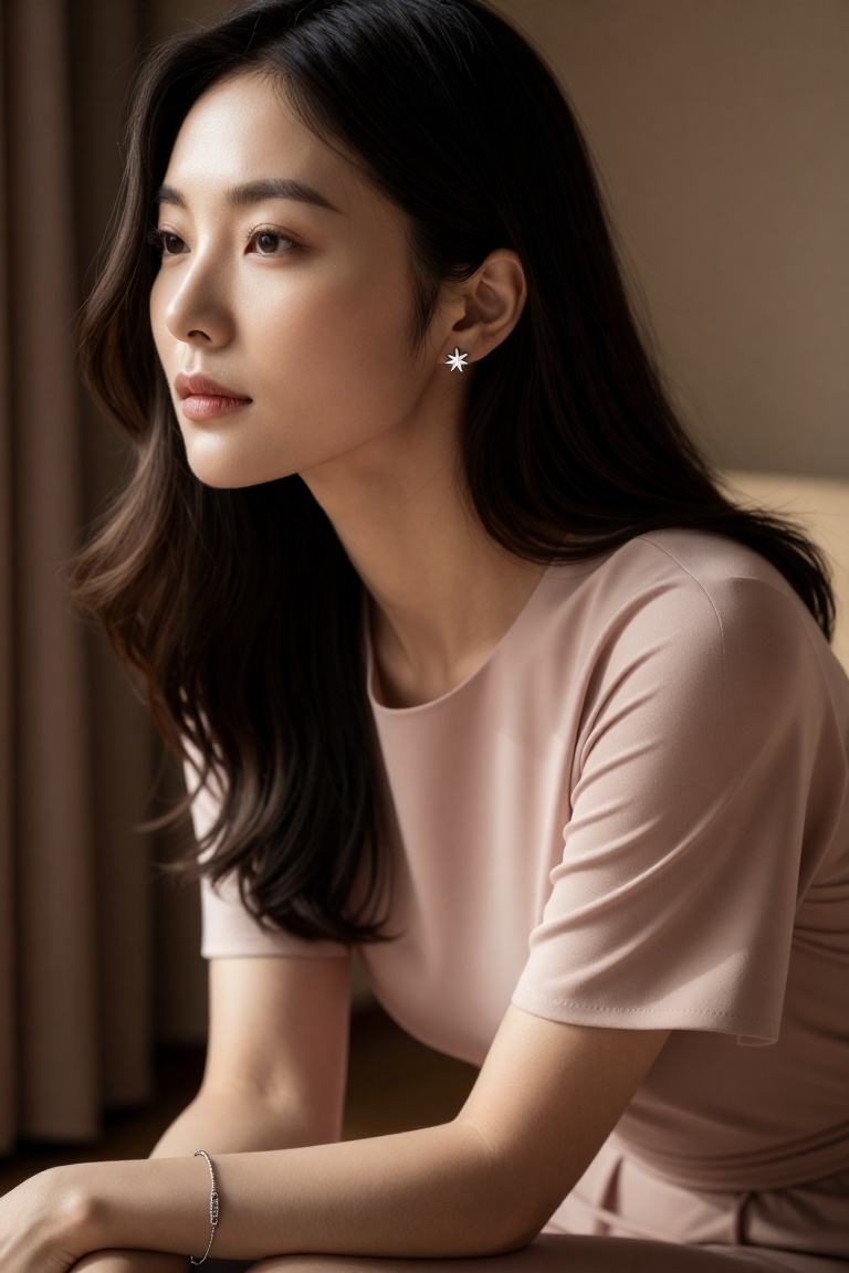 A gentle editorial portrait of a young woman leaning forward in a quiet,  intimate setting. She wears a soft blush short-s...
