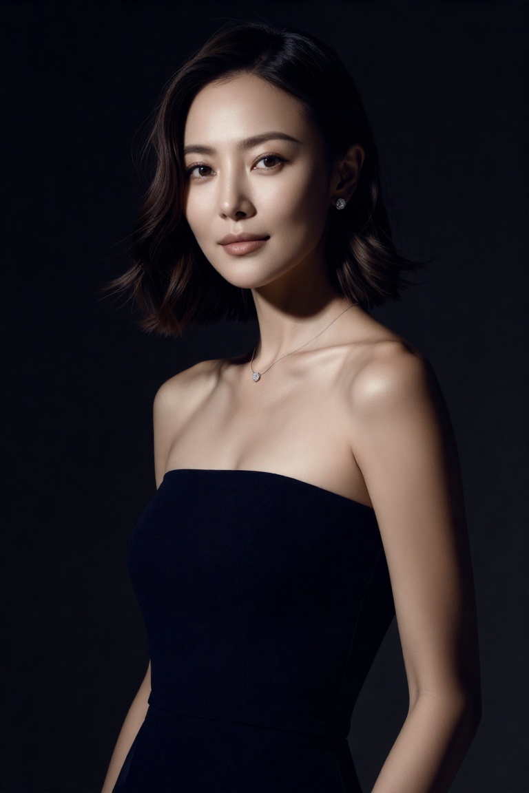 Realistic studio half-body fashion portrait photo of a 20yo woman,  upper body framing from chest to head,  face-centered...