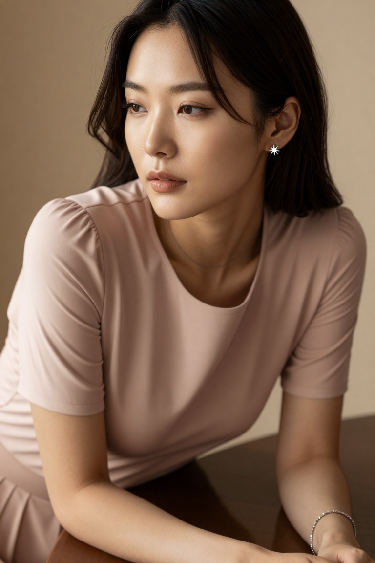 A gentle editorial portrait of a young woman leaning forward in a quiet,  intimate setting. She wears a soft blush short-s...
