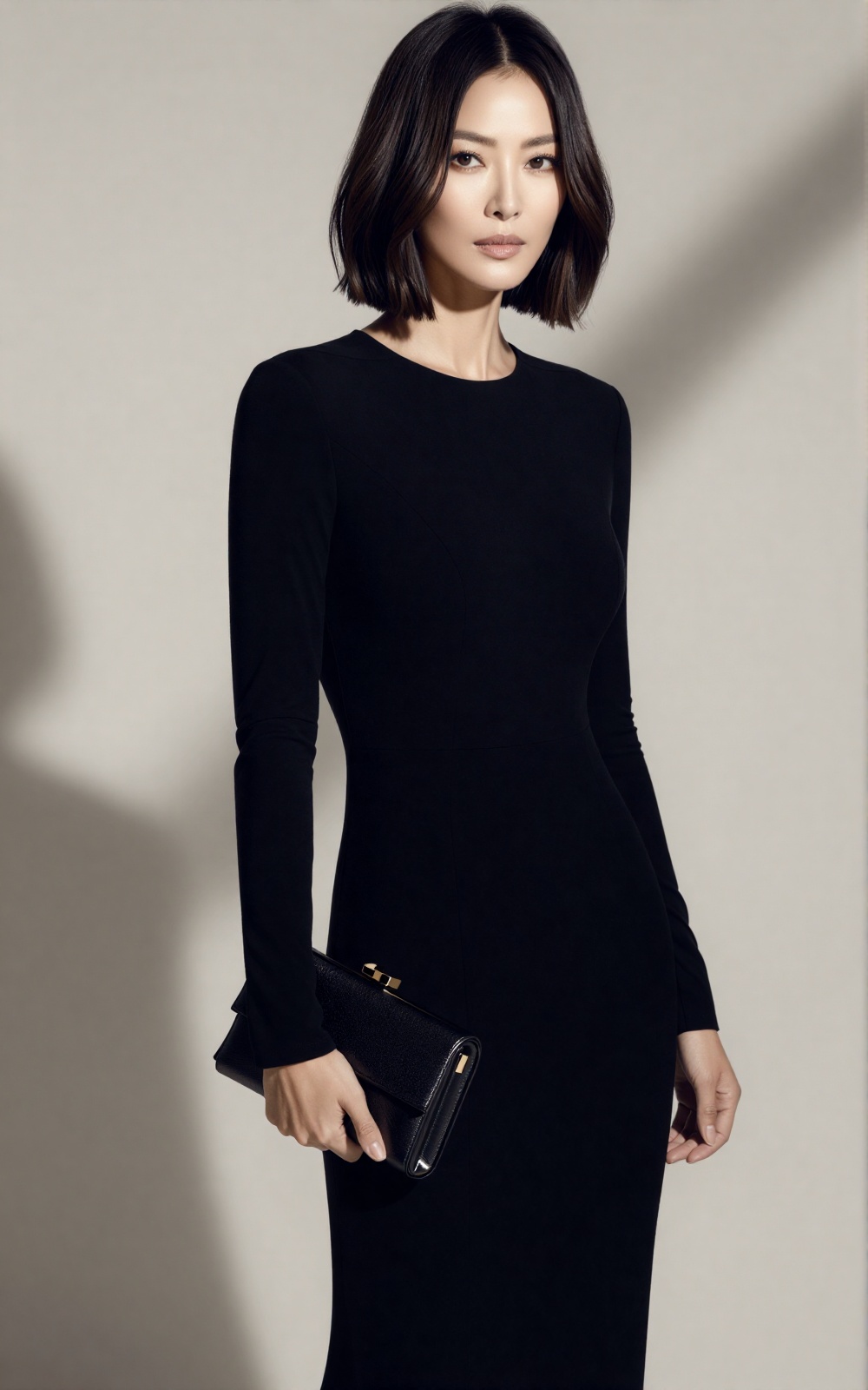 A high-fashion editorial portrait with no visible frame or border,  shot as a clean standalone image. Upper-body compositi...