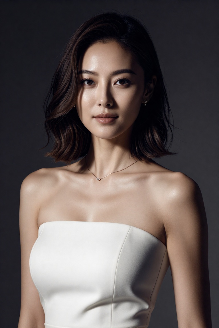 Realistic studio half-body fashion portrait photo of a 20yo woman,  upper body framing from chest to head,  face-centered...