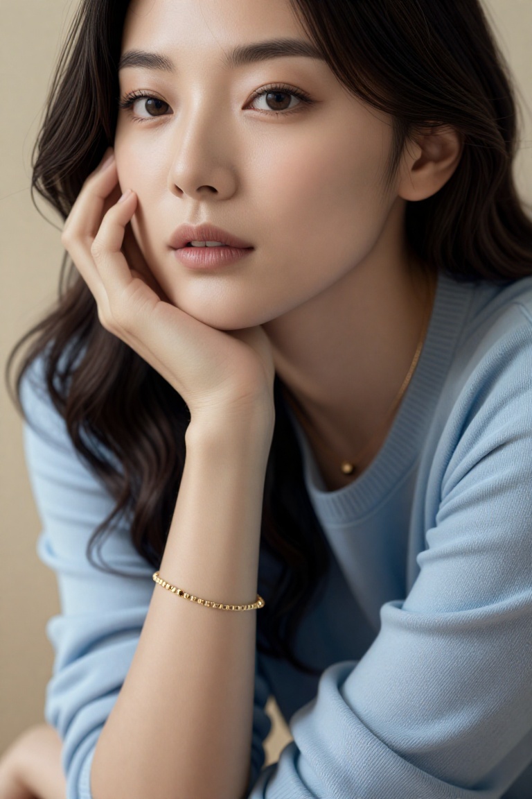 A soft editorial close-up portrait of a young woman resting her face lightly against her hand. She wears a pale blue knitt...