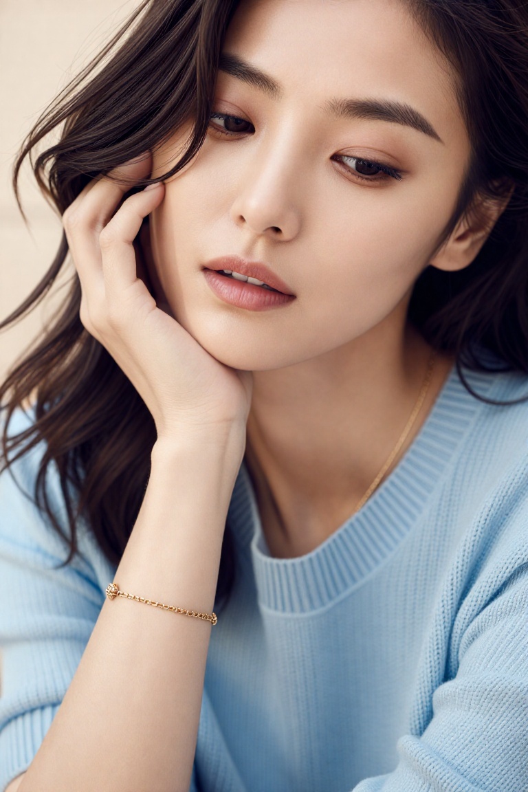 A soft editorial close-up portrait of a young woman resting her face lightly against her hand. She wears a pale blue knitt...