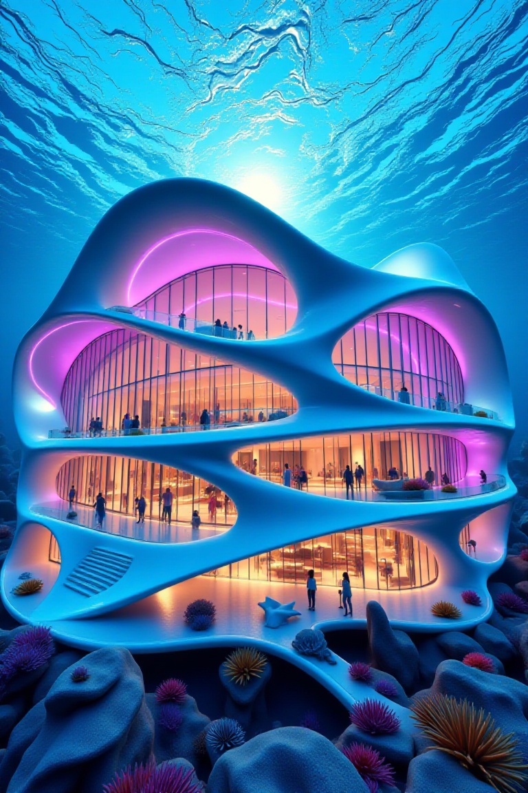 undersea world,  a modern house like a submarine,  like a modern undersea Palace on Tensor.Art