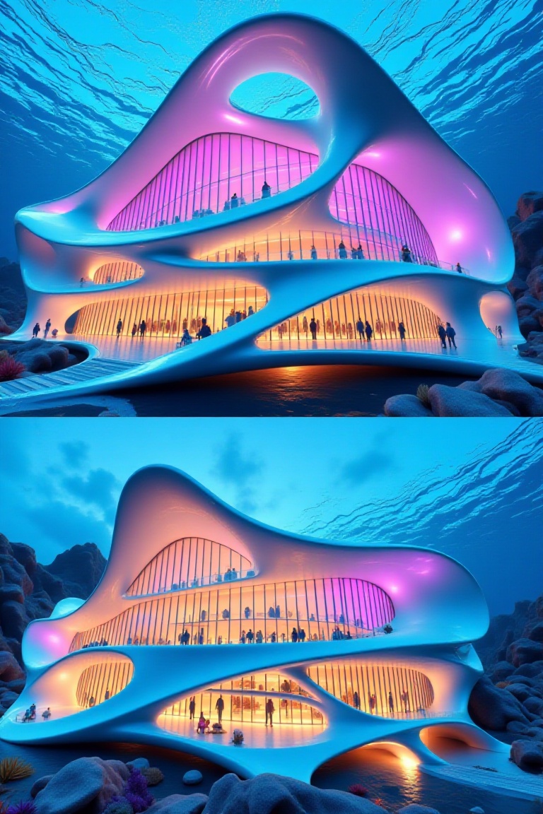 There are two perspective pictures on top and bottom,  one is undersea world,  a modern house like a submarine on Tensor.Art