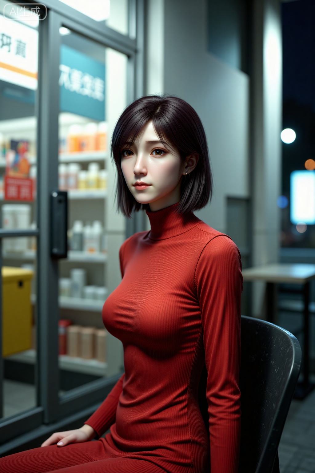 The girl is wearing a tomato red high neck slim knit dress, sitting on a plastic folding chair outside the convenience store at night, leaning forward slightly, with her hands resting on her thighs (not visible). Nikon Z6 II + 50mm f/1.8,f/2.2。 The cold white light in the store is mixed with warm light from street lamps, and the face is brightened by reflective panels, resulting in a natural skin tone. The bright red monochrome has a strong visual impact in the gray blue night sky, and the knitted fit shows curves. Short hair slightly messy, eyes looking across the street, with an expression between exhaustion and clarity. The background blurring of automatic doors and shelves creates a coexistence of urban and lonely feelings.