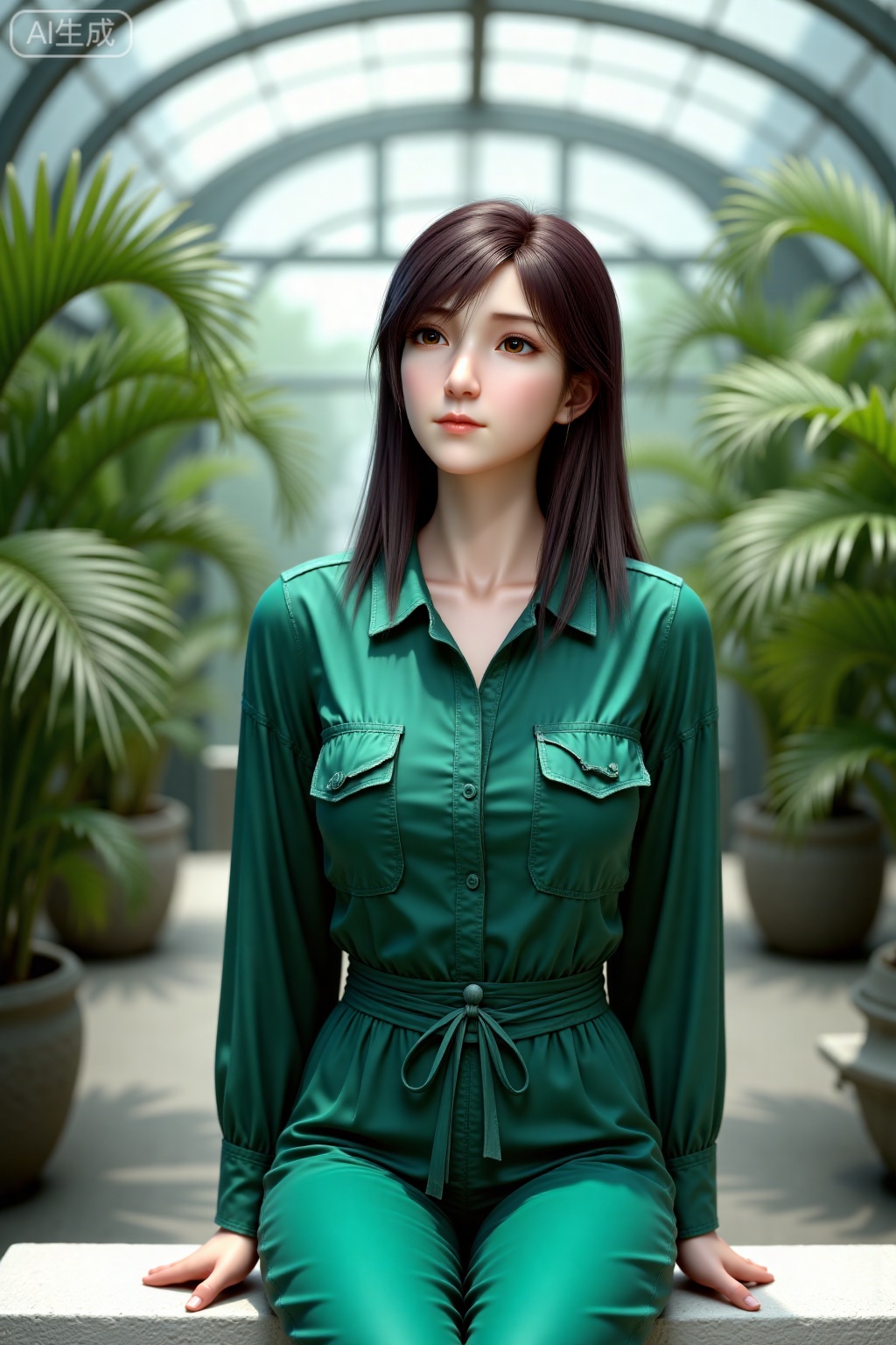 The girl is wearing emerald green workwear style jumpsuit, sitting on a white stone bench in the botanical garden greenhouse, with her legs crossed and straight, and her body slightly leaning back. Sony A7R V+70-200mm (100mm end), f/2.8。 Multi layer glass softens the noon sunlight, creating a wrapped high brightness soft light with no shadows on the face. The fresh green workwear blends and stands out in tropical vegetation, with clear pocket details. Shoulder length short hair neat, looking at the glass dome with a focused expression. The background is blurred into palm leaves and water vapor, and the picture is full of vitality but not cluttered.