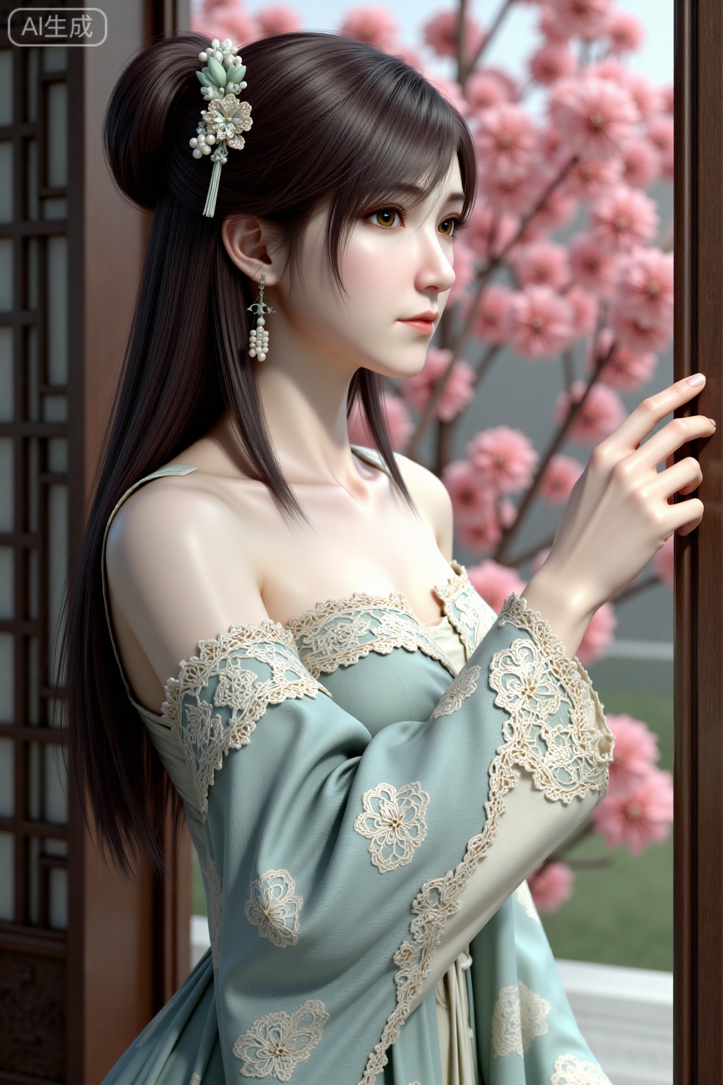 3D CG super realistic half body close-up above the waist, Asian pure Chinese style girls, light makeup: the eyebrows of distant mountains are lightly swept like ink marks, the eye makeup is normal natural light brown eye shadow (only brightens the eye contour, without exaggerated halo), the lip points are naturally bare pink, the face is coated with extremely thin muscle penetrating powder, the pores are more real, and the skin is smooth and clean without ornamentation. Wearing a high saturation tea white cross neckline half arm gauze skirt, the colors are rich and full. The collar and half arm edges are embroidered with creamy peach blossom patterns and gilded hooked edges to enhance brightness. The inner layer is adorned with a bright bamboo blue strapless fabric, and the wide sleeves of the gauze hang down to the elbows. The sleeves are dyed with high saturation light tea peach blossom dark patterns, and the collar is decorated with tea crystal ornaments. Wearing a double loop fairy bun with a bamboo shaped jade hairpin and short pearl tassels, the tassels are bright and shiny. Posture: Leaning against the carved pear wood window, gently pushing the window frame with your left hand, caressing the peach blossom pattern on half of your arm with your right hand, looking sideways at the slanting branches of the red plum outside the window, the shoulder and neck lines stretching, and the petals of the red plum lightly brushing against your cheeks. Scene: Beside the flower window in the plum garden corridor, red plum blossoms bloom proudly outside the window lattice, with sturdy branches. Light and Shadow: The morning light from the side window diffuses, forming a high contrast neutral tone spot that falls on the half arm and shoulder neck. The petals of the red plum blossom emit a bright luster, and the overall color is highly saturated and high contrast. The clothing color is bright and not vulgar. 8K, Super realistic, classical and serene.