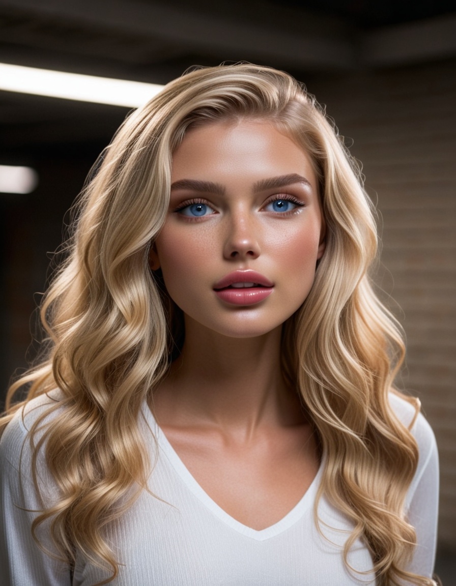 Woman striking a pose in a dimly lit parking garage,  She has long,  wavy dark blonde hair with soft waves that frame her...