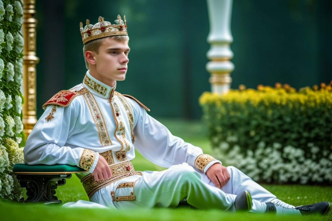 photograph of man 16 year old Russian ,  as fantasy royal sitting on lawn in royal garden ,  skin on Tensor.Art