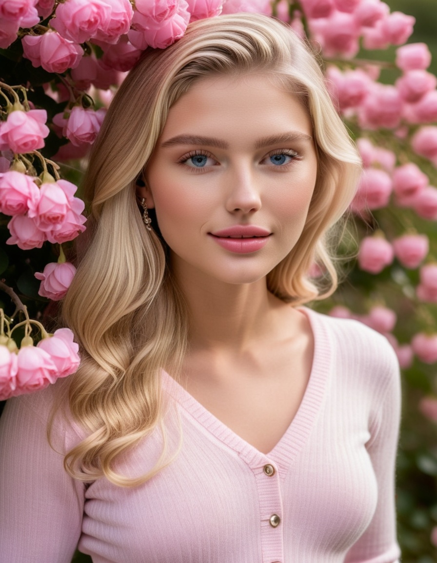 raw photo of a European woman in spring. She has long,  wavy dark blonde hair with soft waves that frame her face and fall...