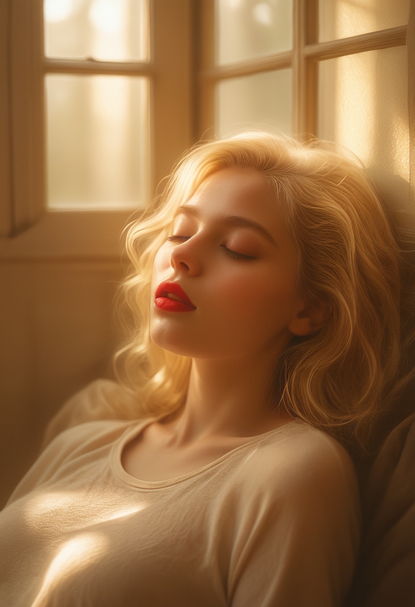 A captivating close-up photograph of a blonde woman,  sleeping peacefully in the morning sunlight. The golden rays stream...