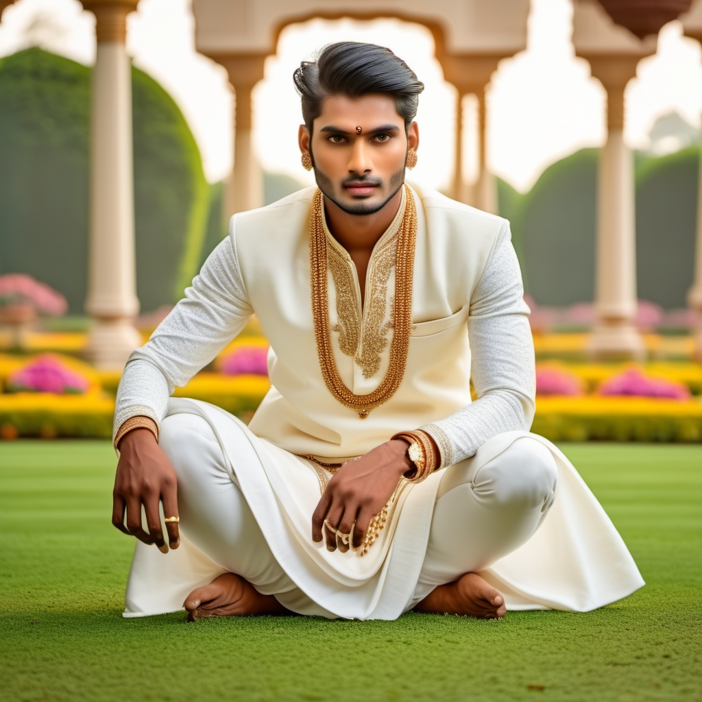 photograph of man 26 year old Hindu ,  as fantasy royal sitting on lawn in royal garden ,  skin on Tensor.Art