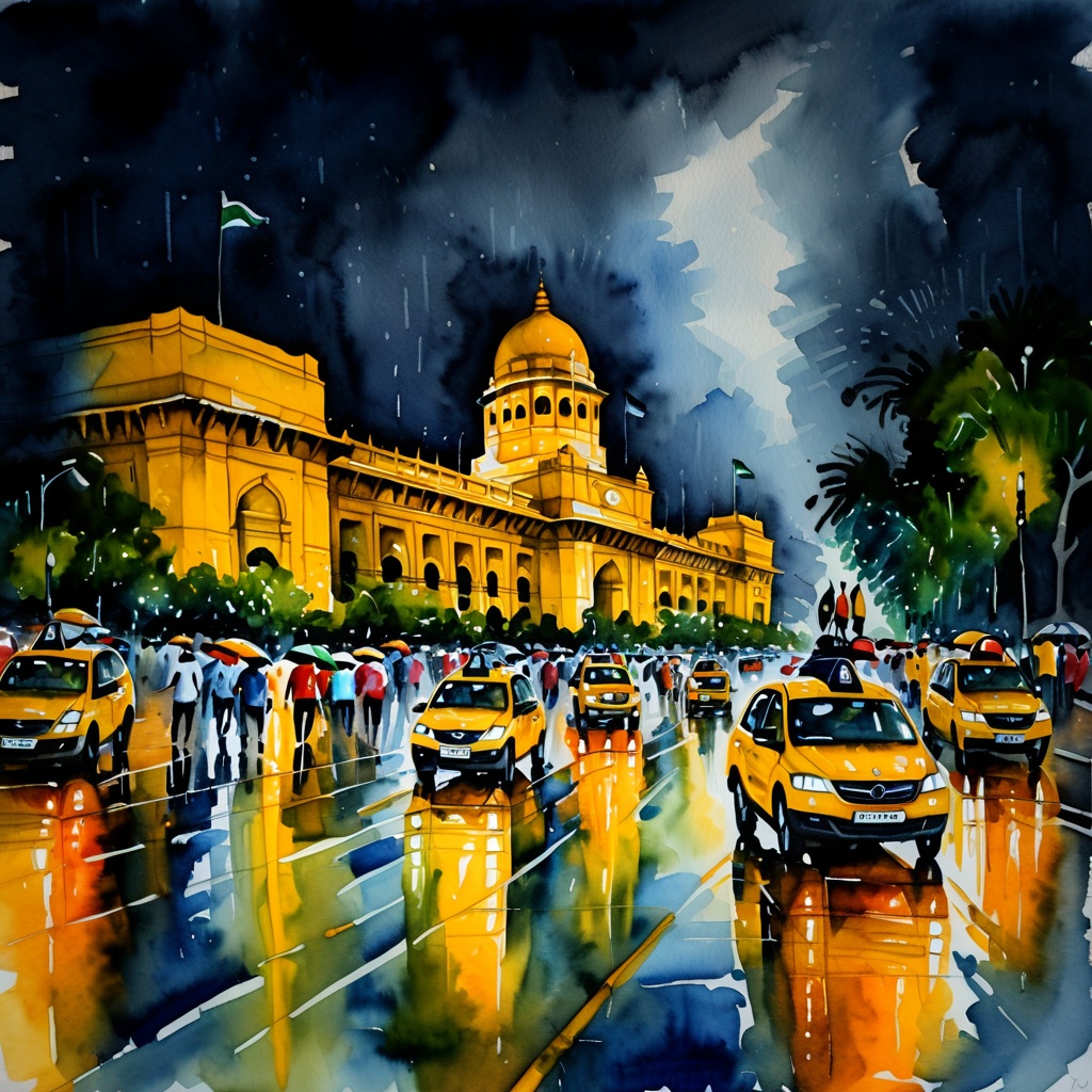 watercolor painting of connaught place,  delhi in ((rain)),  wide roads on Tensor.Art
