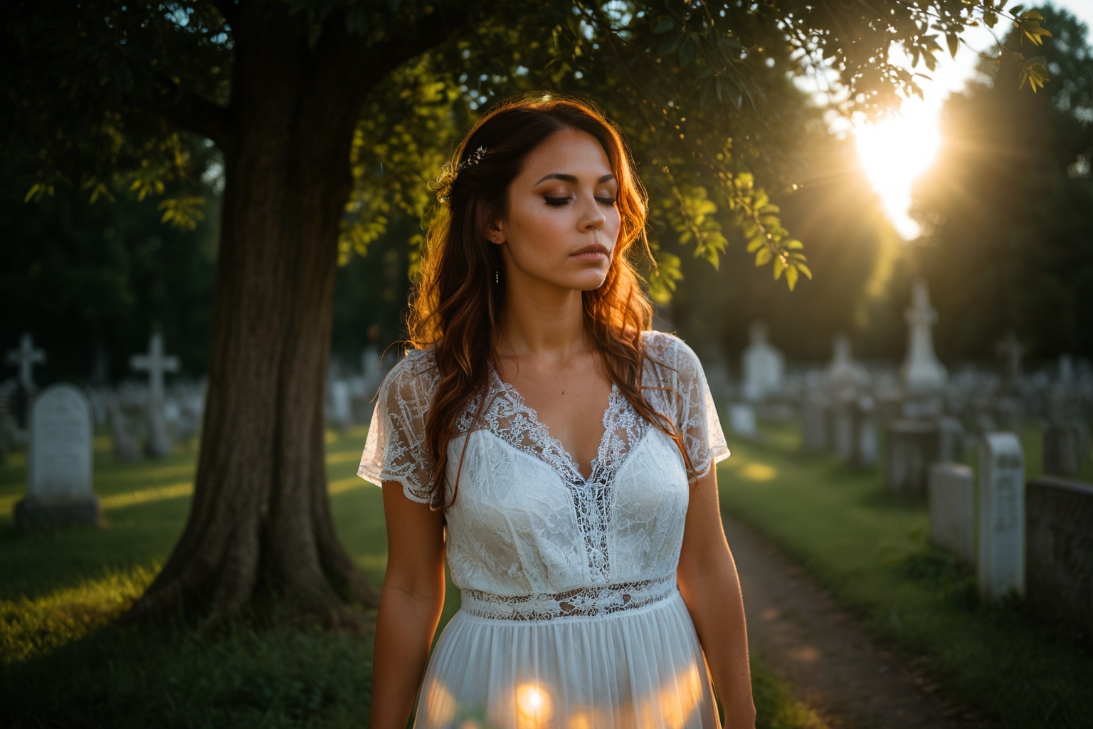 Photo. Profile of a woman in a lace summer dress. She is standing beside a tree with her eyes closed,  facing the morning...