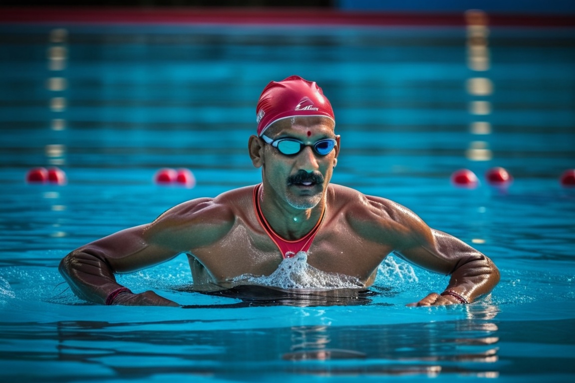 photograph of man 46 year old Hindu ,  swimmer swimming in competition ,  skin on Tensor.Art