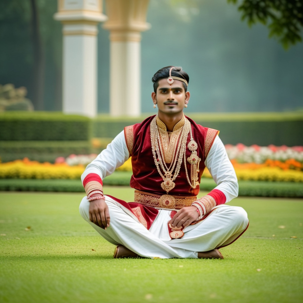 photograph of man 26 year old Hindu ,  as fantasy royal sitting on lawn in royal garden ,  skin on Tensor.Art