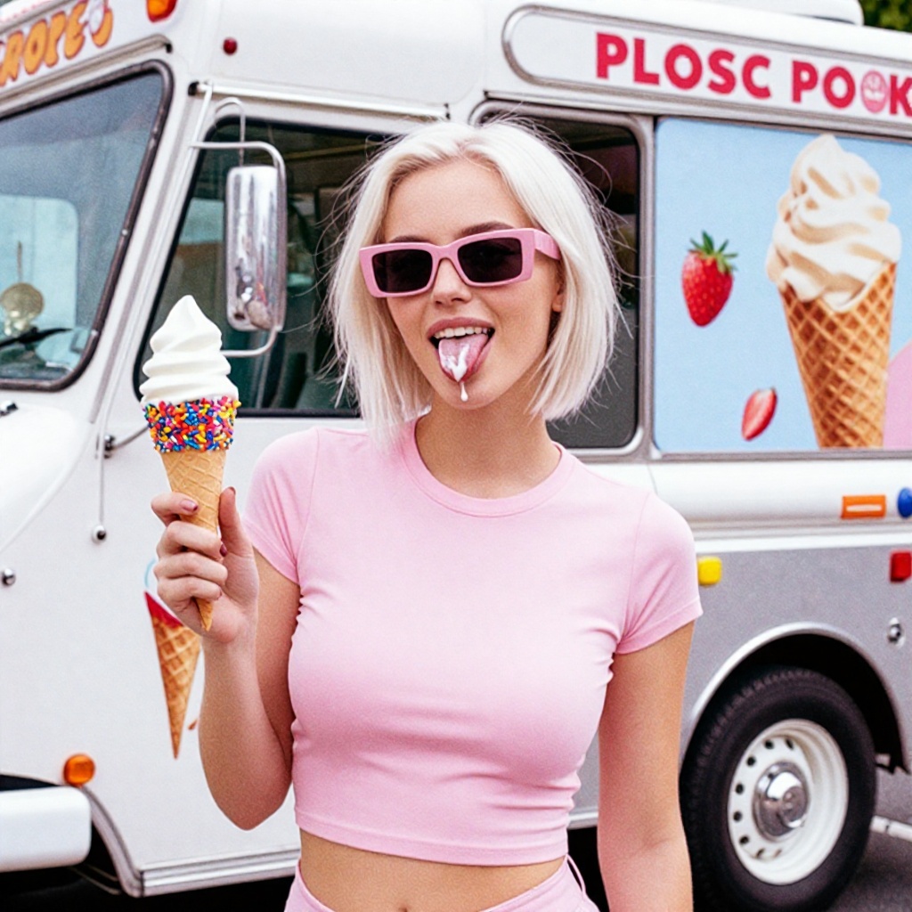 PL_OC,  A cool,  rebellious portrait taken in front of a white ice cream truck with waffle cone illustrations. A blonde wo...