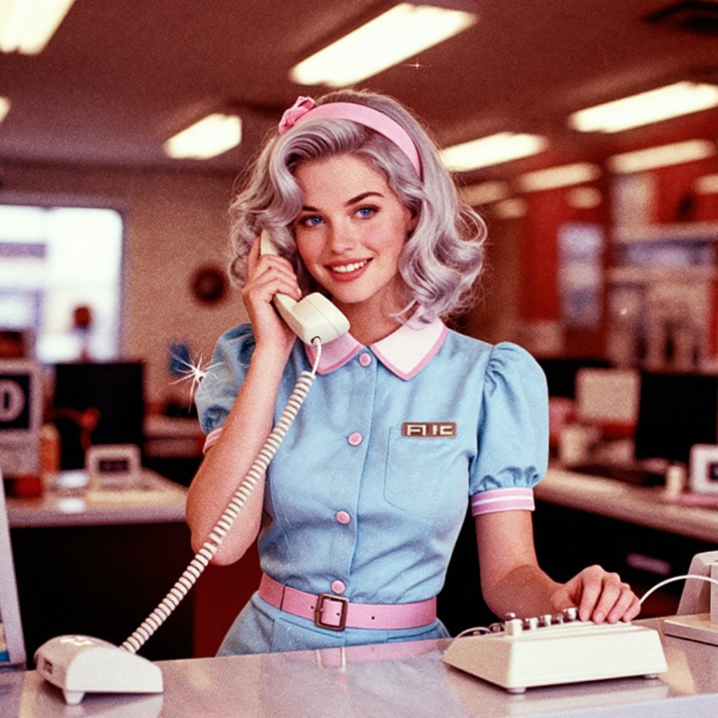PL_OC,  1980s retro style,  cheerful receptionist girl at an office front desk on Tensor.Art