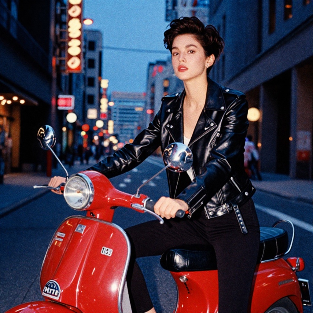 A cinematic film still capturing the essence of the city pop aesthetic. A cool Japanese woman,  dressed in a black leather...