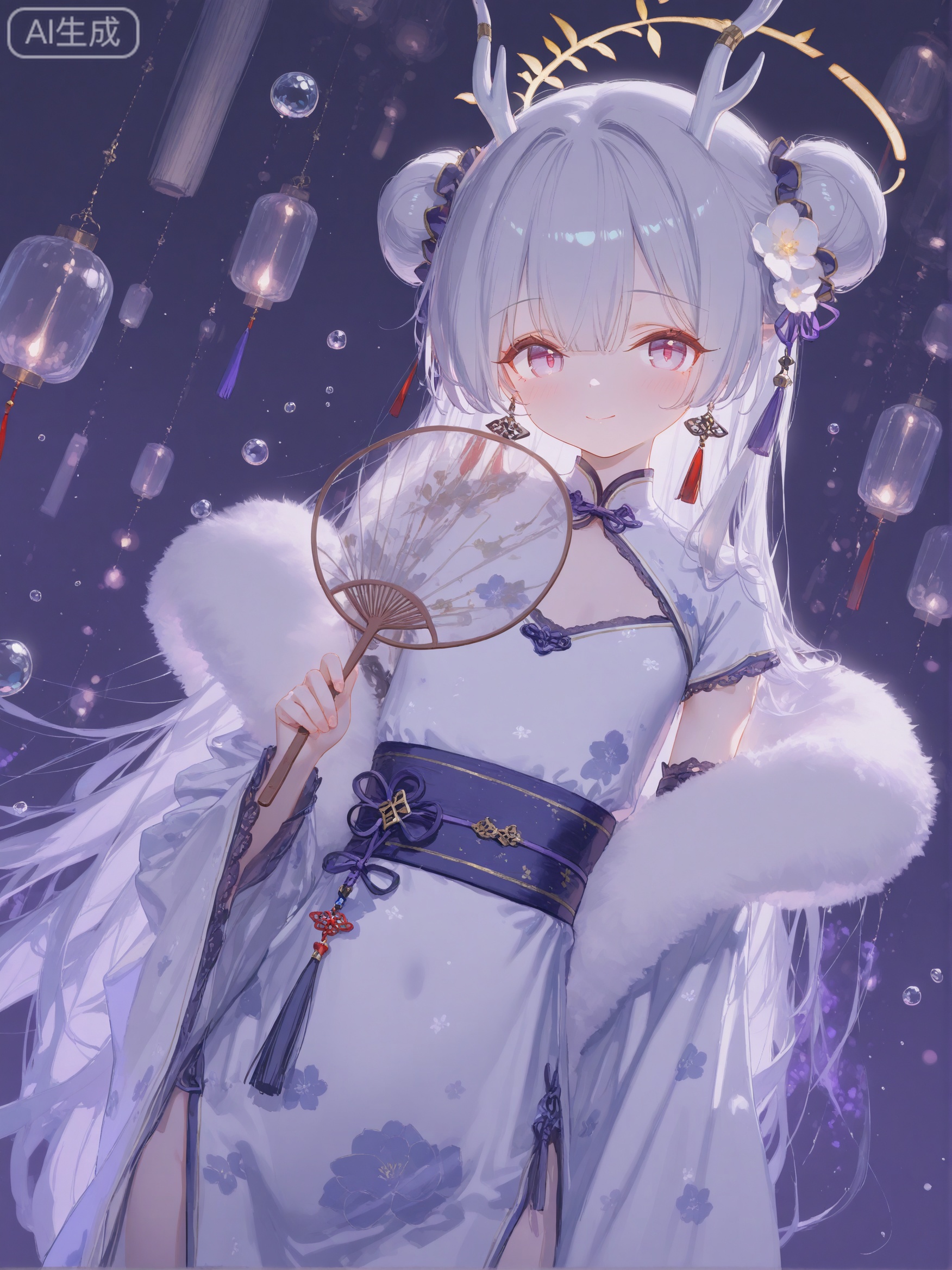 masterpiece,absurdres,best quality,loli,loli,petite,high quality,chromatic_aberration,cinematic_angle,dutch angle,photorealistic,//,artist:ciloranko,artist:ningen_mame,artist:sho_(sho_lwlw),artist:rhasta,artist:wlop,artist:ke-ta,artist:hiten \(hitenkei\),//, 1girl, solo, holding, long hair, dress, lantern, hair bun, white dress, purple eyes, looking at viewer, hair ornament, double bun,  smile, twintails, flower, jewelry, hair flower, earrings, water drop, paper lantern, detached sleeves, blush, closed mouth, chinese clothes, frilled sleeves, tassel, horns, long sleeves, wide sleeves, purple ribbon, frills, ribbon, purple hair, white background, lace trim, sidelocks, white hair, upper body, grey hair, white flower, breasts, floral print, bubble, very long hair, tassel earrings, simple background, uchiwa, lace-trimmed sleeves, purple theme, cowboy shot, antlers, china dress