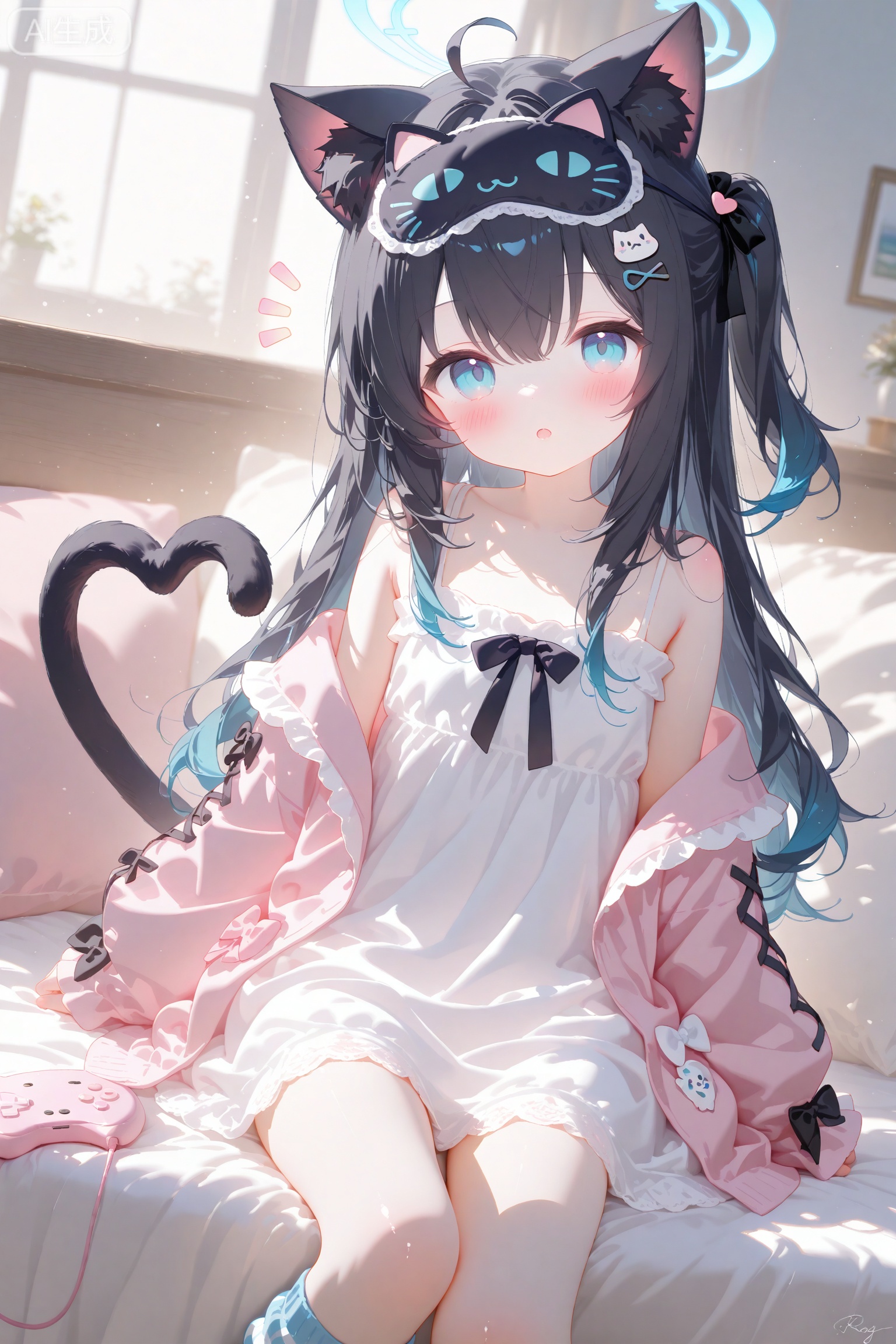 masterpiece,very aware,highres,absurdres,newest,best quality,high quality,loli,petite,chromatic_aberration,Light Blue Theme,lens_flare,dynamic_angle,cinematic_angle,//,1girl,solo,long hair,looking at viewer,blush,bangs,blue eyes,black hair,hair ornament,long sleeves,dress,bow,animal ears,hair between eyes,bare shoulders,sitting,collarbone,jacket,tail,ahoge,heart,parted lips,food,open clothes,socks,puffy sleeves,virtual youtuber,cat ears,signature,off shoulder,white dress,:o,open jacket,cat tail,animal ear fluff,sleeves past wrists,pillow,mask,feet out of frame,white bow,cat girl,camisole,puffy long sleeves,sleeves past fingers,heart hair ornament,tail ornament,notice lines,controller,mask on head,pink jacket,loose socks,cat hair ornament,white camisole,striped socks,eye mask,heart tail,sleep mask //,official art,depth of field,detailed light,blurry background,best shadow,shiny skin,cinematic lighting,ray tracing,amazing quality,very aesthetic,absurdres,beast quality,ultra detailed,newest,8K,HDR,