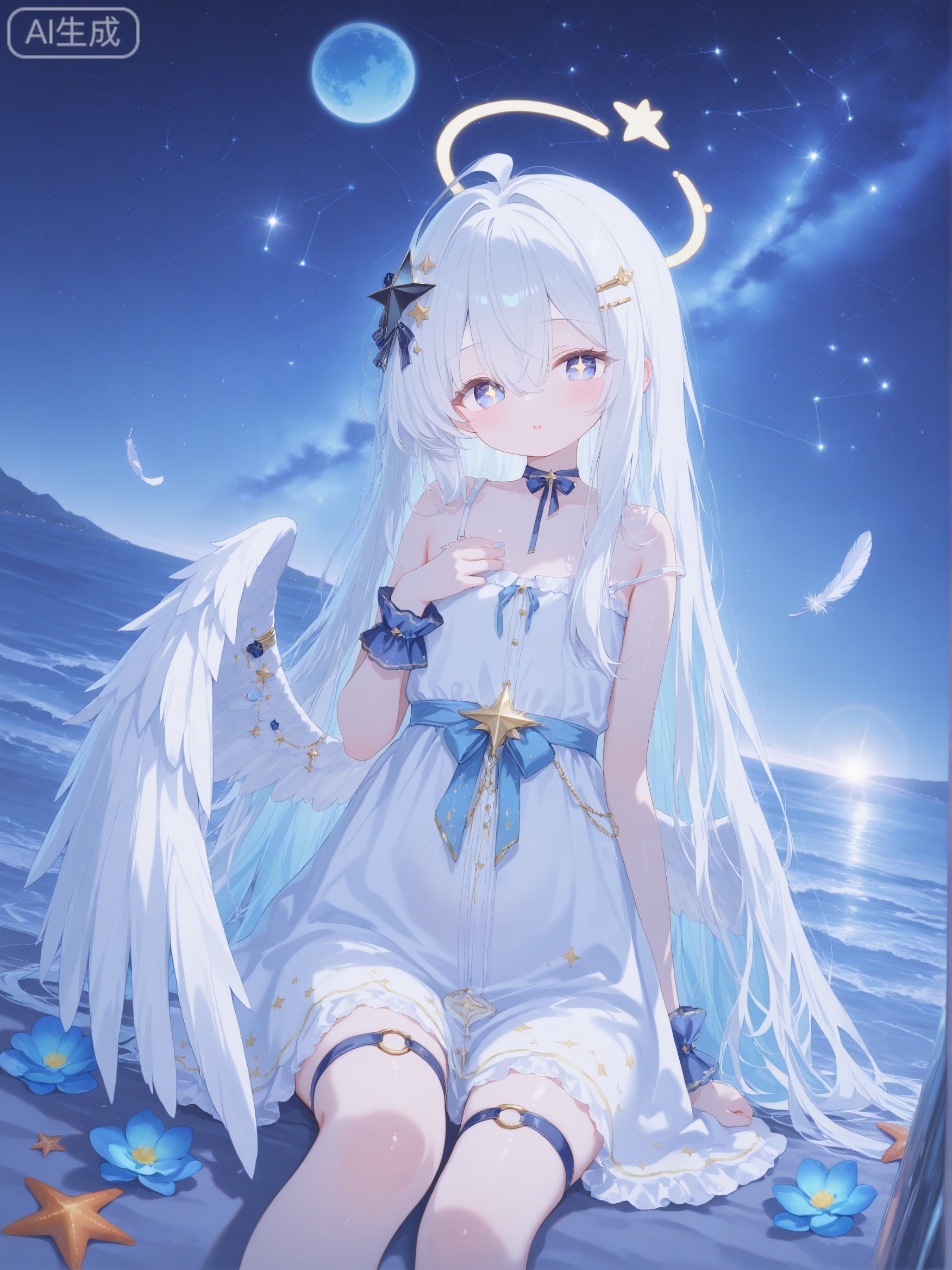 loli,1girl,angel,angel_wings,blue_eyes,blue_flower,constellation,crescent,cross,dress,feathered_wings,flower,hair_between_eyes,hair_ornament,halo,long_hair,looking_at_viewer,planet,solo,star_\(sky\),star_\(symbol\),star_hair_ornament,star_print,starfish,starry_background,starry_sky,very_long_hair,white_feathers,white_hair,white_wings,wings,