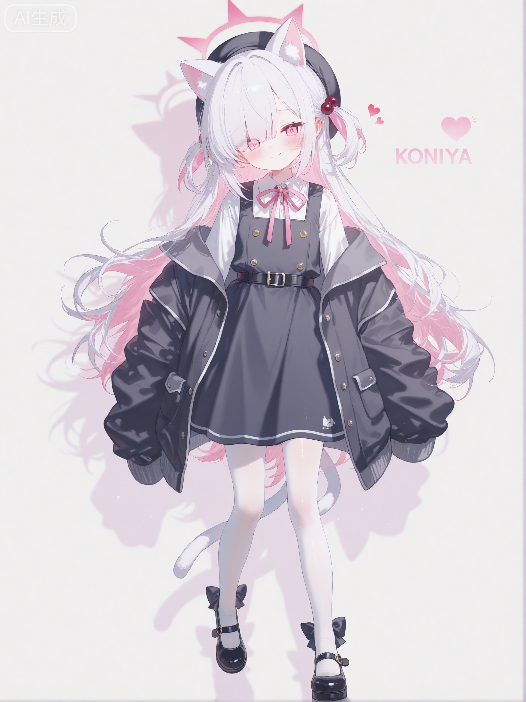 konya,loli,1girl, animal ears, belt, beret, black belt, black dress, black hat, black jacket, black shoes, blush, bow legwear, cat ears, cat girl, cat tail, character name, closed mouth, colored inner hair, dress, full body, hat, head tilt, heart, jacket, jacket partially removed, light smile, long sleeves, looking at viewer, mary janes, multicolored hair, neck ribbon, pantyhose, pinafore dress, pink eyes, pink hair, pink ribbon, ribbon, shirt, shoes, short dress, simple background, sleeveless, sleeveless dress, sleeves past fingers, sleeves past wrists, solo, tail, walking, white background, white hair, white pantyhose, white shirt, yellow blush