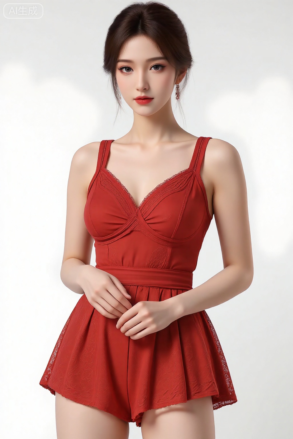 A girl,charming and elegant dress,fashionable and luxurious,Red lace underwear,with black eyes,advertising photography,white background,standing posture,upper body photo,advertising blockbuster photography,realistic,exquisite,high-definition,8K,perfect facial details,the best quality,