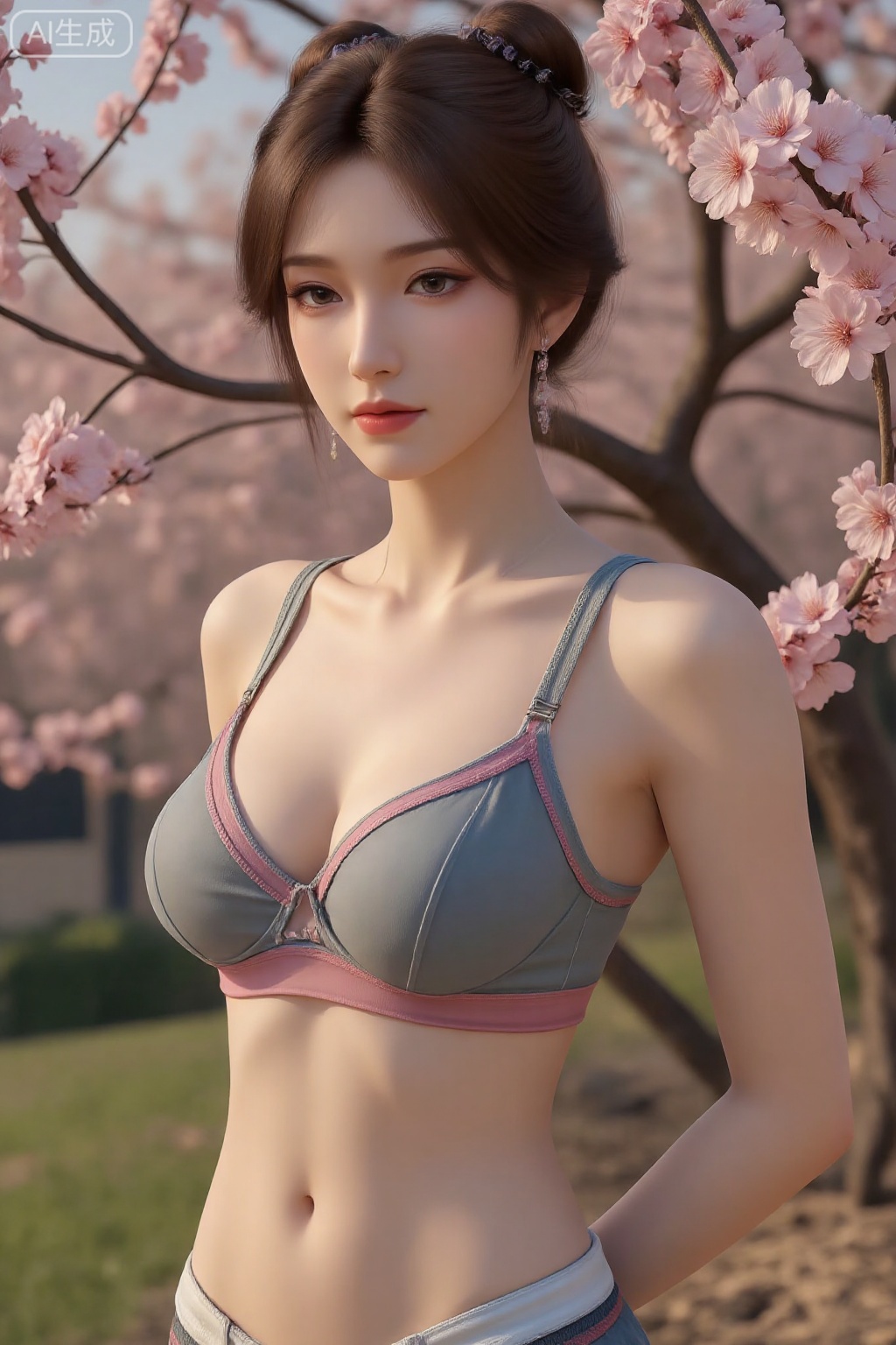 1girl,solo,brown hair,breasts,looking at viewer,underwear,bra,brown eyes,cherry blossoms,cleavage,parted lips,medium breasts,lips,collarbone,see-through,standing,flower,