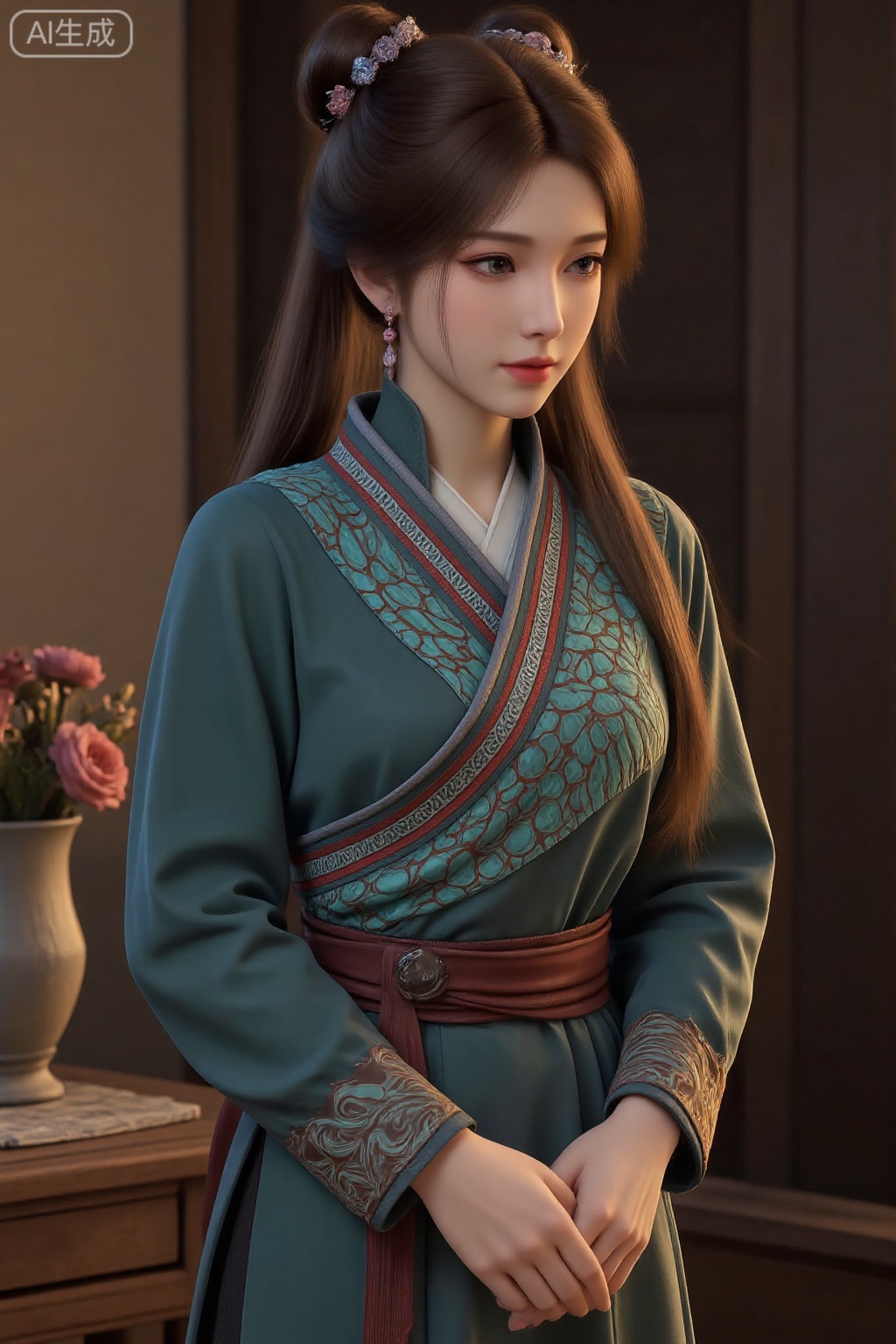 1girl,solo,brown hair,jewelry,hair ornament,indoors,long sleeves,earrings,standing,long hair,own hands together,hair bun,closed mouth,chinese clothes,