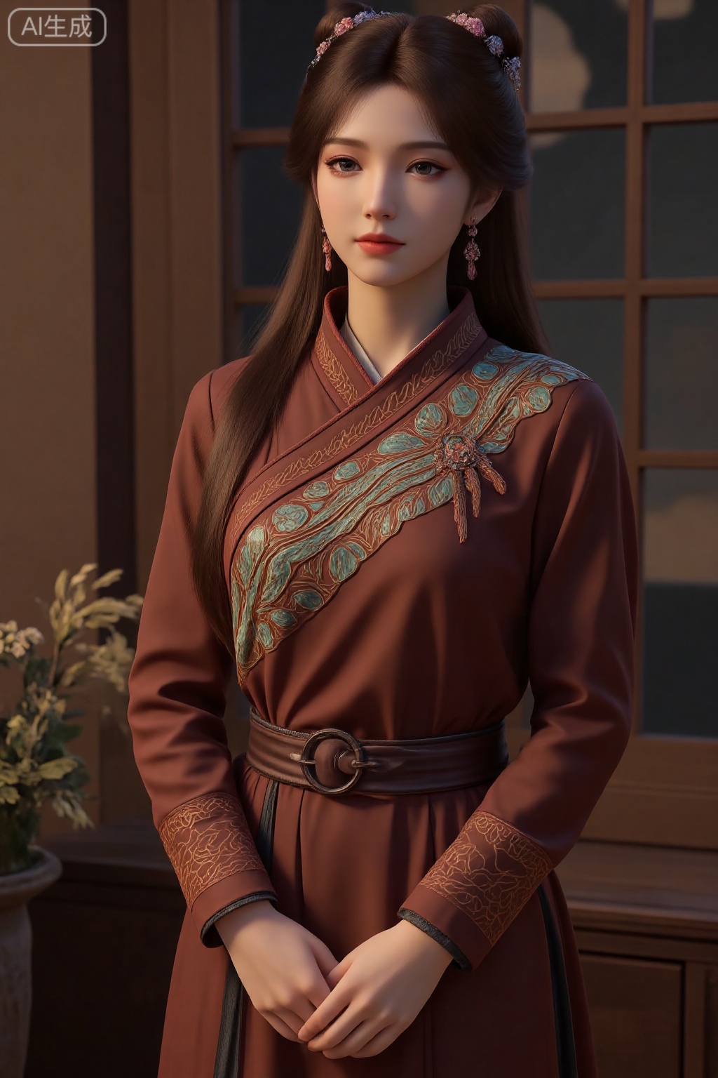 1girl,solo,brown hair,jewelry,hair ornament,indoors,long sleeves,earrings,standing,long hair,own hands together,hair bun,closed mouth,chinese clothes,