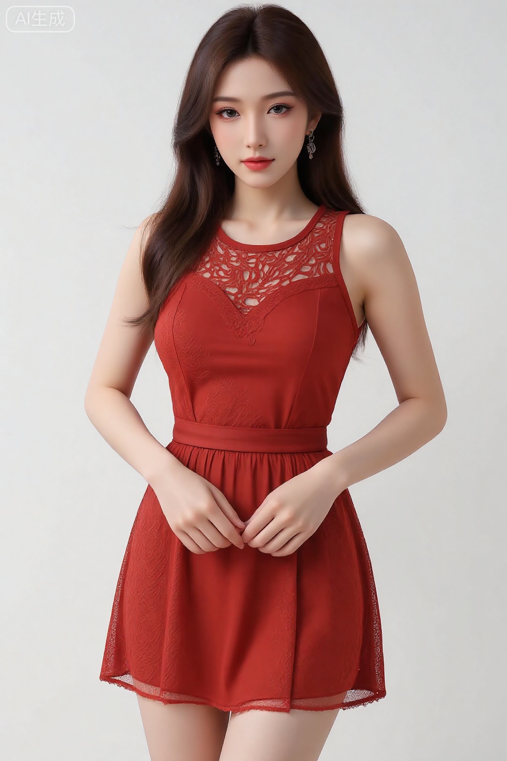 A girl,charming and elegant dress,fashionable and luxurious,Red lace underwear,with black eyes,advertising photography,white background,standing posture,upper body photo,advertising blockbuster photography,realistic,exquisite,high-definition,8K,perfect facial details,the best quality,