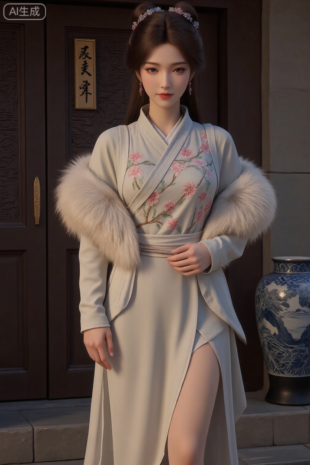 Realistic style, the integration of oriental classical aesthetics and modern fashion elements,
mid_shot,85mm equivalent focal length, shallow depth of field, virtual background, head-up and slightly upward viewing angle, the lens is located at the left position in front of the character, shooting from the front, the composition adopts the central point composition, the character is located in the center of the picture, the body is slightly lateral to the right, forming visual guidance, the foreground is the character's leg and fur shawl, the middle scene is the character's main body, the background is the wooden door and blue and the blue and the blue porcelain bottle, forming layering, forming the description of the composition: the figure occupies the main proportion of the picture, the body posture is prominent, the left arm is naturally drooping, the right hand is lightly placed on the waist, the leg line is slender, the fur shawl extends to the edge of the picture, enhancing the visual tension,
The main body is a woman with light brown hair, high plate, slightly curled hair, some hair hanging down on both sides of the cheek, delicate facial makeup, clear eyeliner, light red lip color, gentle and smiling expression, looking at the camera, wearing a long skirt with white suspenders, pink peony embroidery, branches and leaves outlined in green and gold, patterns distributed from the chest to the abdomen, the skirt slit to the middle of the thigh, revealing slender legs, wearing a white plush shawl, fluffy hair, length and waist, wide cuffs, covering arms, no underpants at the bottom of the skirt, posture for the right leg forward, left leg slightly curved support, body center of gravity slightly to the right, right hand gently support the waist, left hand naturally drooping, fingers slightly bent,
The scene is located indoors in traditional Chinese architectural style. The background is a dark brown wooden carved door. There is a golden nameplate on the door and the Chinese character "Fu Shou Ankang" is engraved. The left side is a stone wall column with texture on the surface. A large blue and white porcelain bottle is placed next to it. The bottle body is painted with blue landscape and flower patterns. The bottom of the bottle is black. The ground is stone steps, the color is gray brown, the surface, and the surface is slightly worn, the level is distinct, the degree of aging: wooden doors and stone pillars are old, blue and white porcelain vases are intact, and the overall environment presents a simple atmosphere,
The color configuration is mainly warm, with rice white, light powder and dark brown forming the main color system. The blue-white contrast of blue-and-white porcelain vase enhances the visual level. The light source type is the combination of artificial light and natural light. The main light source is mainly the supplementary light in front and below the character, supplemented by side light. The light and shadow relationship is soft. The light and shadow direction are mixed with side light. The top light is uniform. The light effect atmosphere: the figure skin is white and delicate, the fur is obviously reflective, the skirt body embroidery has slight highlights, and the overall light is soft, creating an elegant and quiet atmosphere,
Resolution: ultra-high resolution, full of details, form of expression: photo-level rendering, with real skin texture and fabric texture, special effects: slight soft light, reflective texture, enhanced hair details,