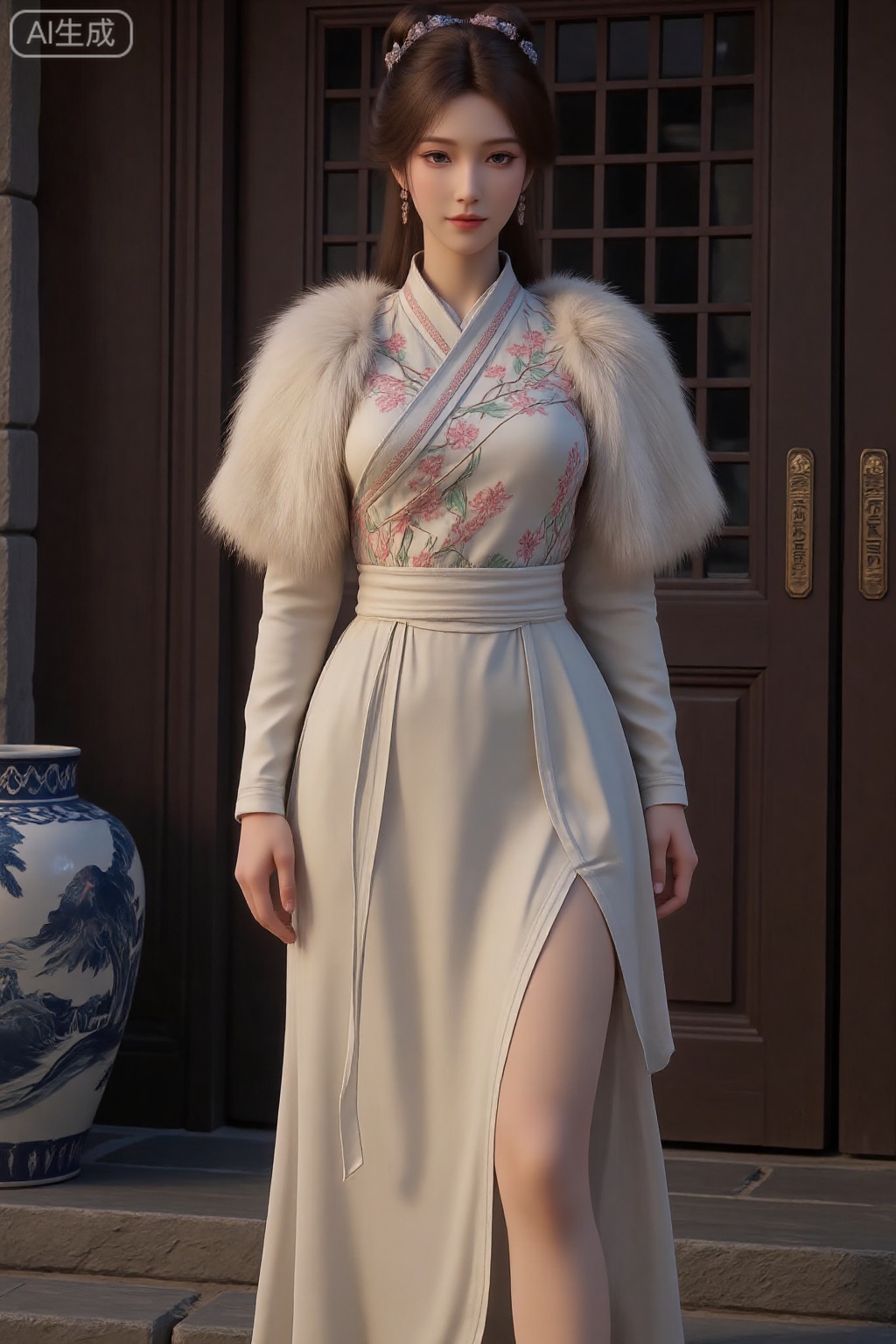 Realistic style, the integration of oriental classical aesthetics and modern fashion elements,
mid_shot,85mm equivalent focal length, shallow depth of field, virtual background, head-up and slightly upward viewing angle, the lens is located at the left position in front of the character, shooting from the front, the composition adopts the central point composition, the character is located in the center of the picture, the body is slightly lateral to the right, forming visual guidance, the foreground is the character's leg and fur shawl, the middle scene is the character's main body, the background is the wooden door and blue and the blue and the blue porcelain bottle, forming layering, forming the description of the composition: the figure occupies the main proportion of the picture, the body posture is prominent, the left arm is naturally drooping, the right hand is lightly placed on the waist, the leg line is slender, the fur shawl extends to the edge of the picture, enhancing the visual tension,
The main body is a woman with light brown hair, high plate, slightly curled hair, some hair hanging down on both sides of the cheek, delicate facial makeup, clear eyeliner, light red lip color, gentle and smiling expression, looking at the camera, wearing a long skirt with white suspenders, pink peony embroidery, branches and leaves outlined in green and gold, patterns distributed from the chest to the abdomen, the skirt slit to the middle of the thigh, revealing slender legs, wearing a white plush shawl, fluffy hair, length and waist, wide cuffs, covering arms, no underpants at the bottom of the skirt, posture for the right leg forward, left leg slightly curved support, body center of gravity slightly to the right, right hand gently support the waist, left hand naturally drooping, fingers slightly bent,
The scene is located indoors in traditional Chinese architectural style. The background is a dark brown wooden carved door. There is a golden nameplate on the door and the Chinese character "Fu Shou Ankang" is engraved. The left side is a stone wall column with texture on the surface. A large blue and white porcelain bottle is placed next to it. The bottle body is painted with blue landscape and flower patterns. The bottom of the bottle is black. The ground is stone steps, the color is gray brown, the surface, and the surface is slightly worn, the level is distinct, the degree of aging: wooden doors and stone pillars are old, blue and white porcelain vases are intact, and the overall environment presents a simple atmosphere,
The color configuration is mainly warm, with rice white, light powder and dark brown forming the main color system. The blue-white contrast of blue-and-white porcelain vase enhances the visual level. The light source type is the combination of artificial light and natural light. The main light source is mainly the supplementary light in front and below the character, supplemented by side light. The light and shadow relationship is soft. The light and shadow direction are mixed with side light. The top light is uniform. The light effect atmosphere: the figure skin is white and delicate, the fur is obviously reflective, the skirt body embroidery has slight highlights, and the overall light is soft, creating an elegant and quiet atmosphere,
Resolution: ultra-high resolution, full of details, form of expression: photo-level rendering, with real skin texture and fabric texture, special effects: slight soft light, reflective texture, enhanced hair details,