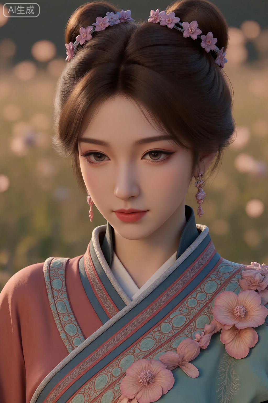 pencilpunk,((caustics:1.3)),(colorful:1.15),(gorgeous light and shadow:1.1),light and shadow,close up,A Chinese beauty dressed in a manzhu sawa flower hanfu,pitiful,stylish and artistic,Fever-Dream,Dark Atmosphere,Zen Atmosphere,16K,hyper quality,((ink)),(water color),bloom effect,detailed beautiful grassland with petal,flower,butterfly,necklace,smile,petal,(((surrounded by heavy floating petal flow))),((moon)),starry sky,(lighting particle),fog,snow,(bloom),
