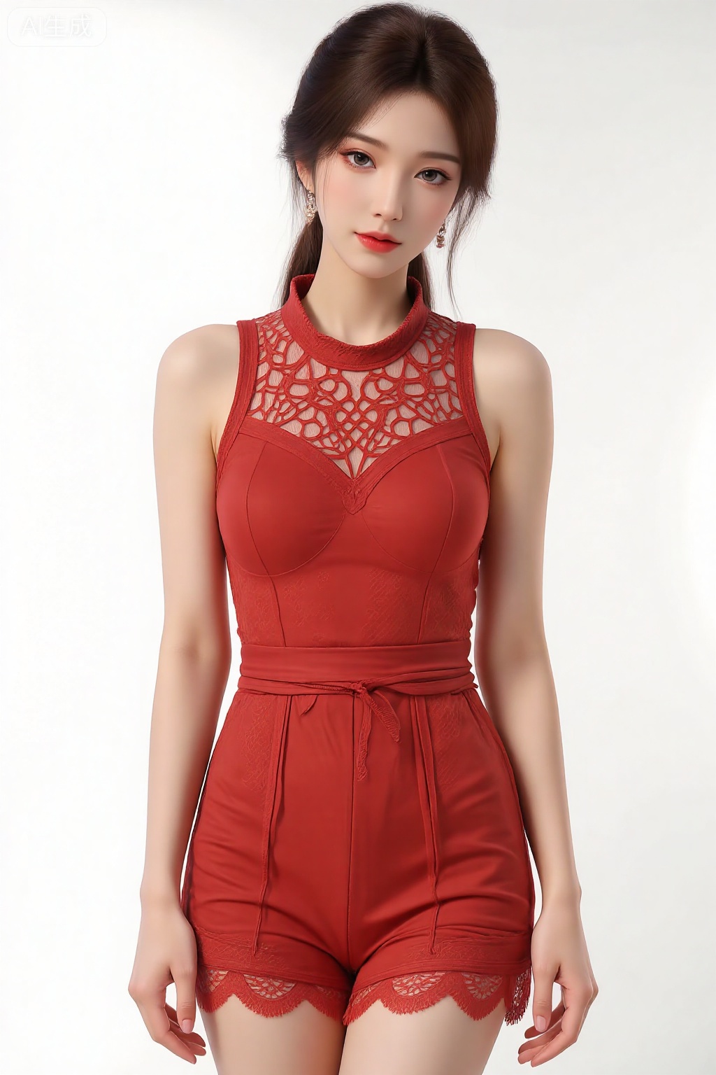 A girl,charming and elegant dress,fashionable and luxurious,Red lace underwear,with black eyes,advertising photography,white background,standing posture,upper body photo,advertising blockbuster photography,realistic,exquisite,high-definition,8K,perfect facial details,the best quality,